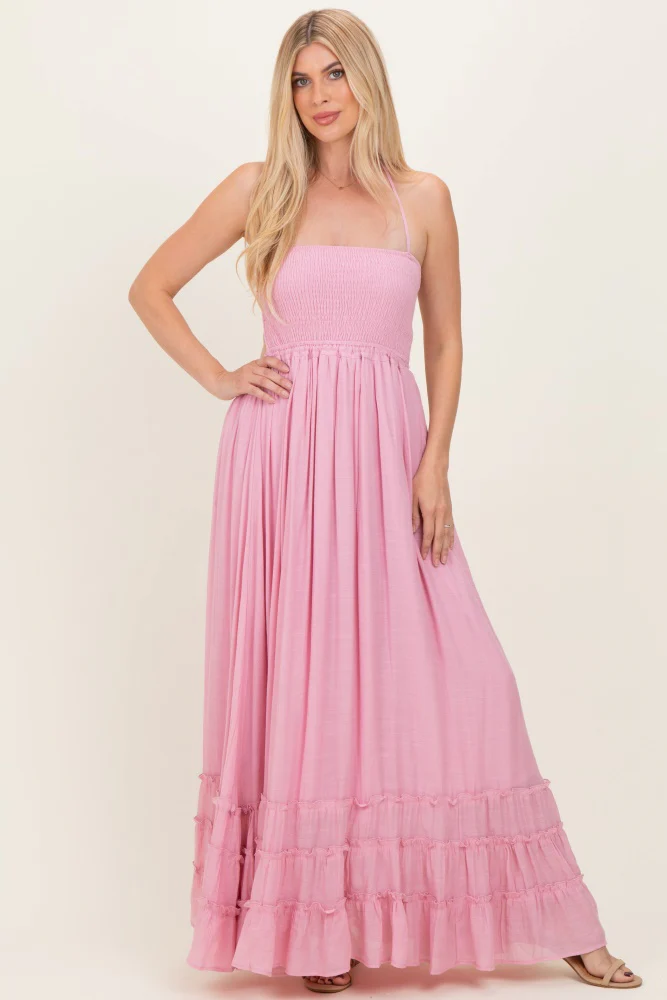 Light Pink Smocked Halter Open Back Maxi Dress - Image 6