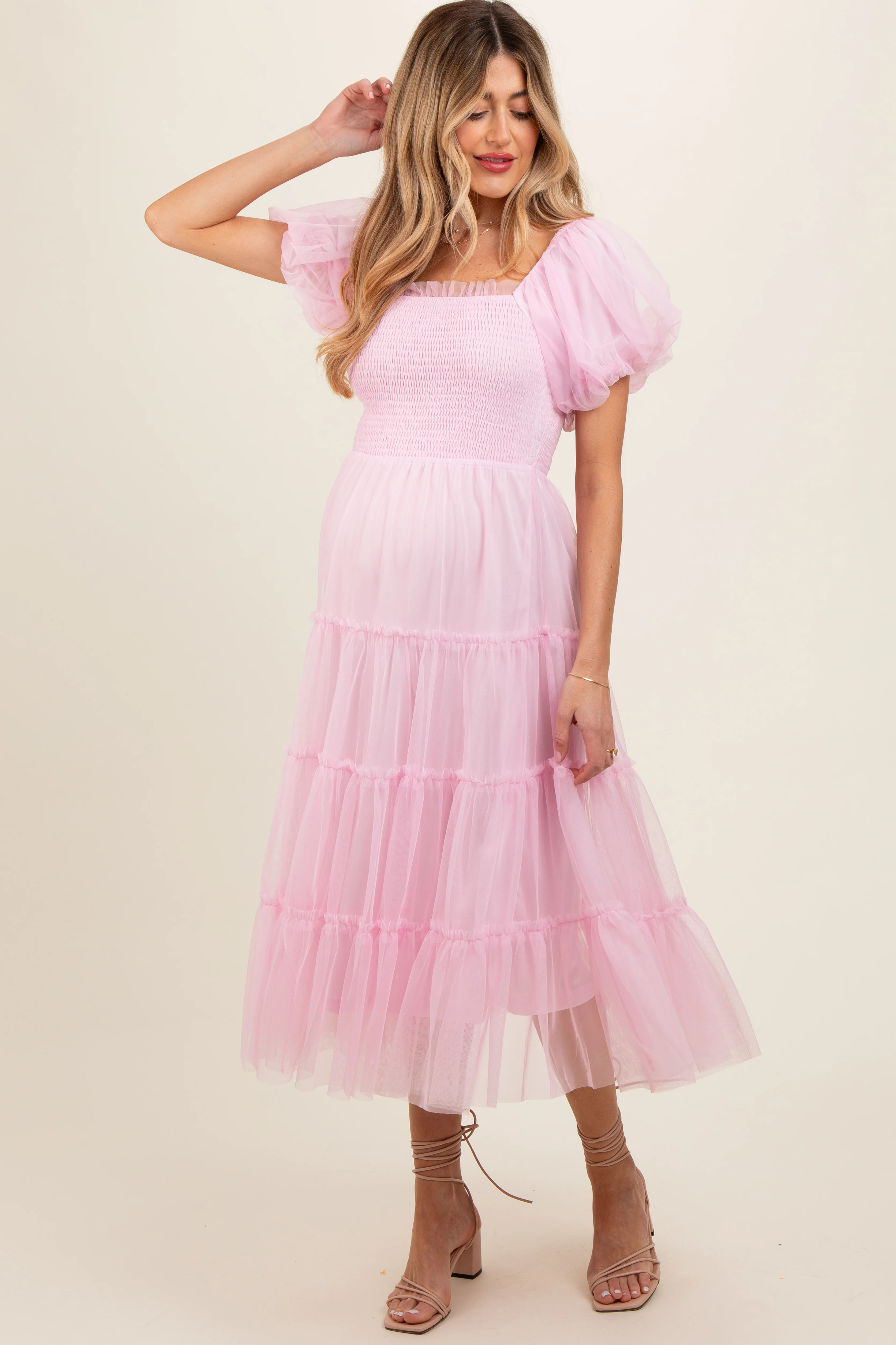 Light Pink Smocked Tiered Tulle Maternity Midi Dress - Image 4