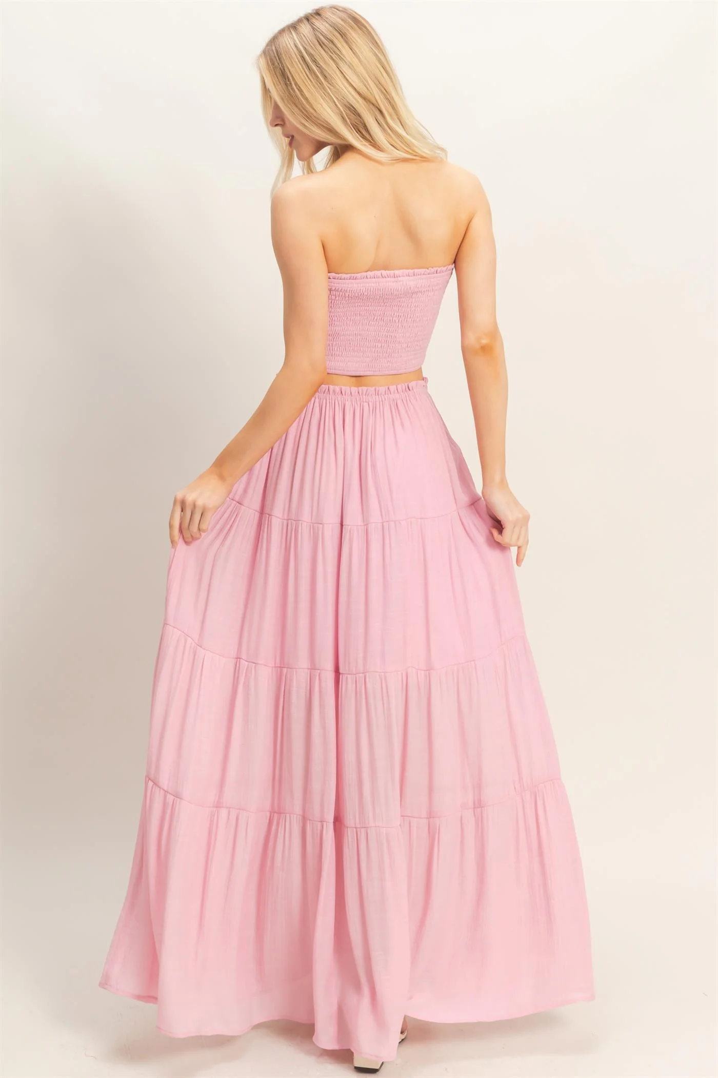 Light Pink Smocked Tube Top Tiered Skirt Set - Image 3