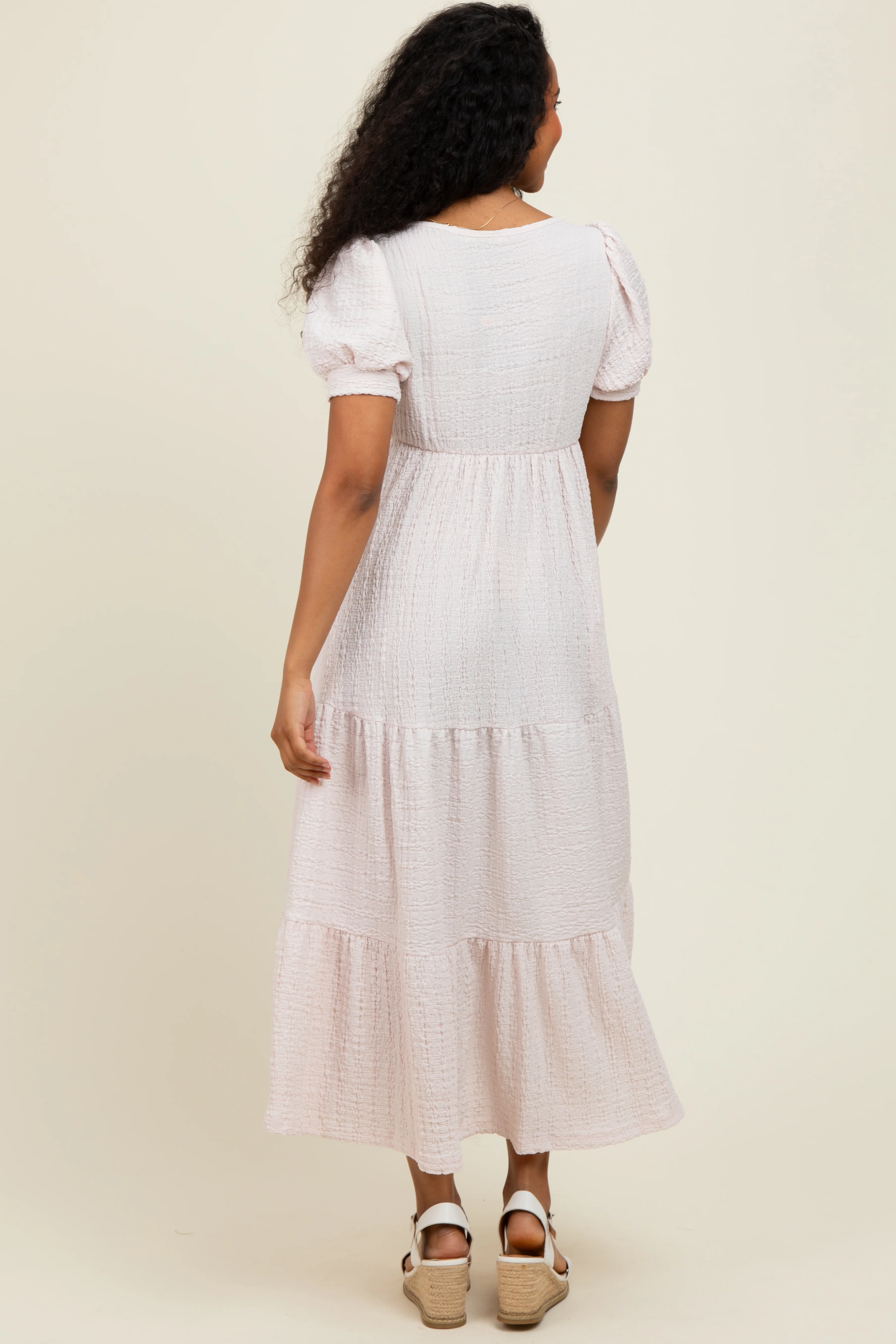 Light Pink Solid Textured Tiered Shirt Sleeve Maxi Dress - Image 4