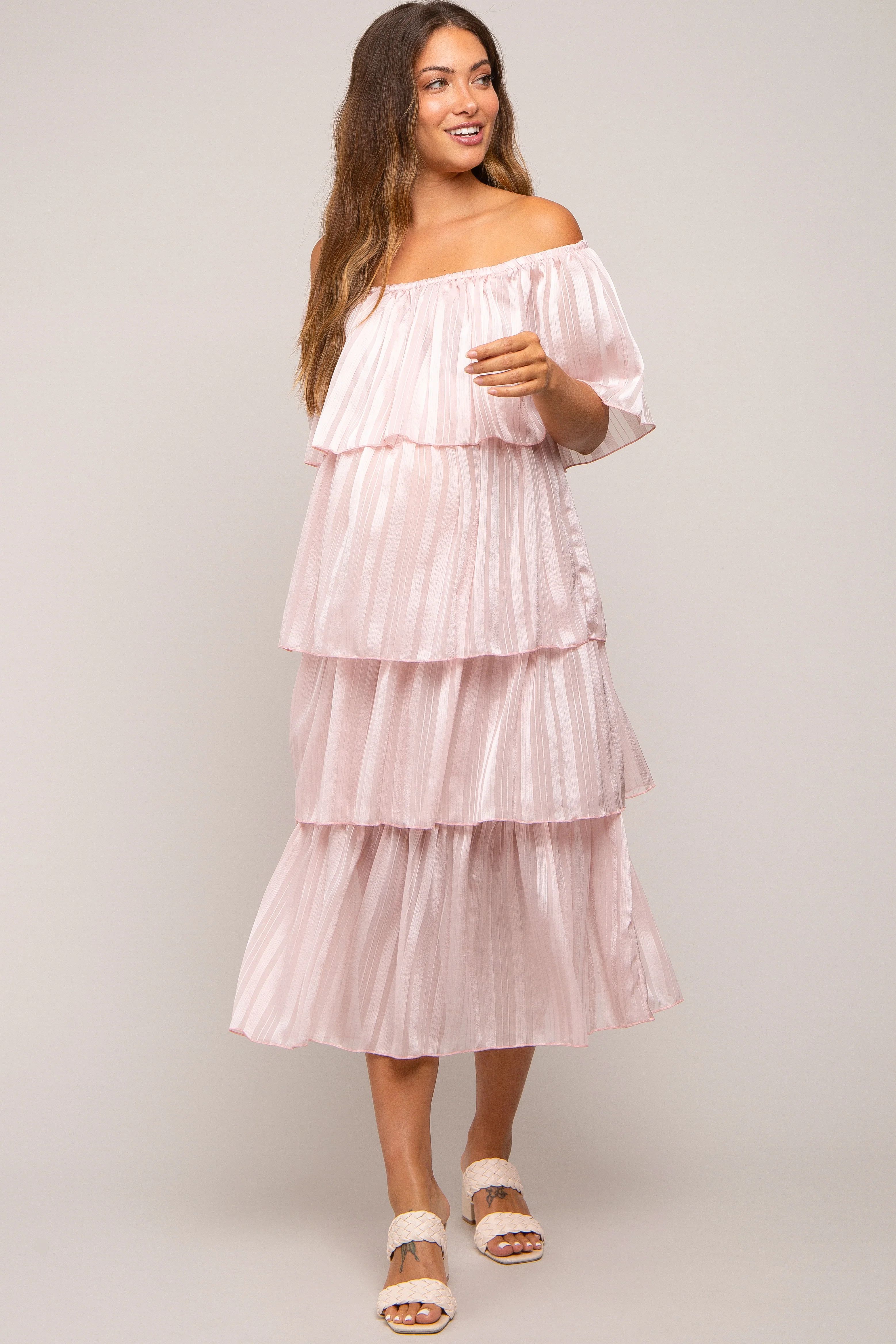 Light Pink Striped Layered Maternity Midi Dress - Image 4