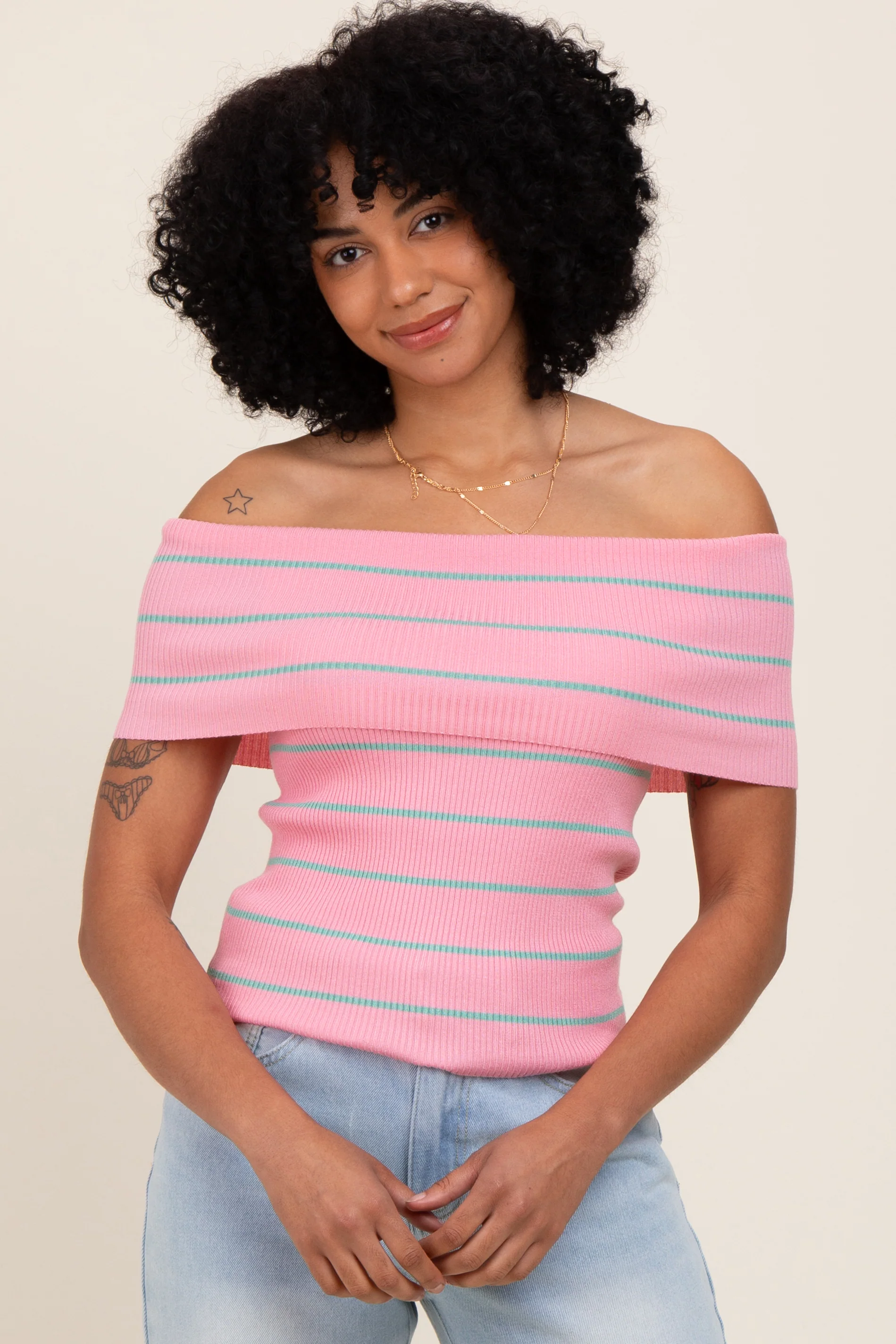 Light Pink Striped Off The Shoulder Sweater Maternity Top - Image 4