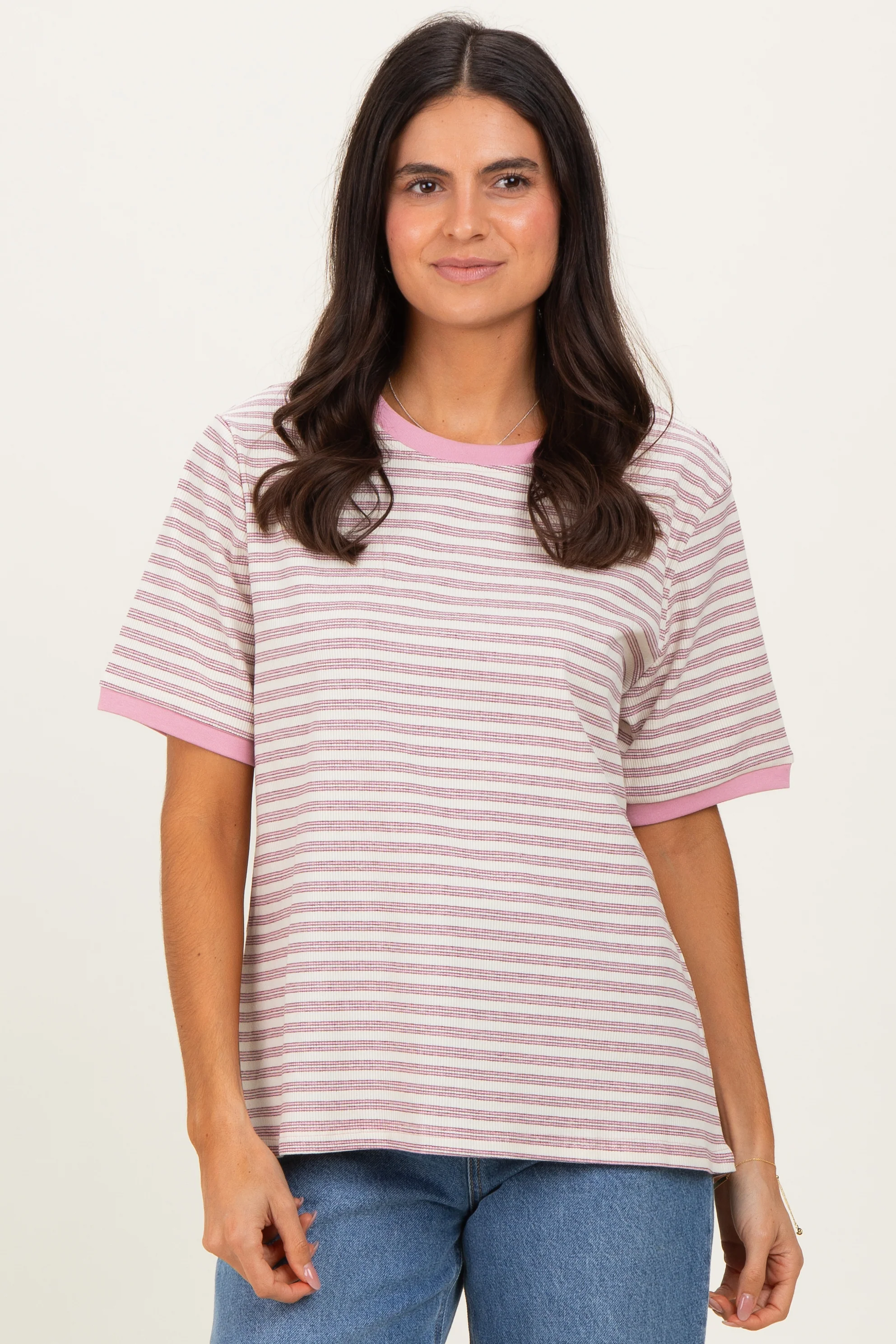 Light Pink Striped Short Sleeve Maternity T-Shirt - Image 5