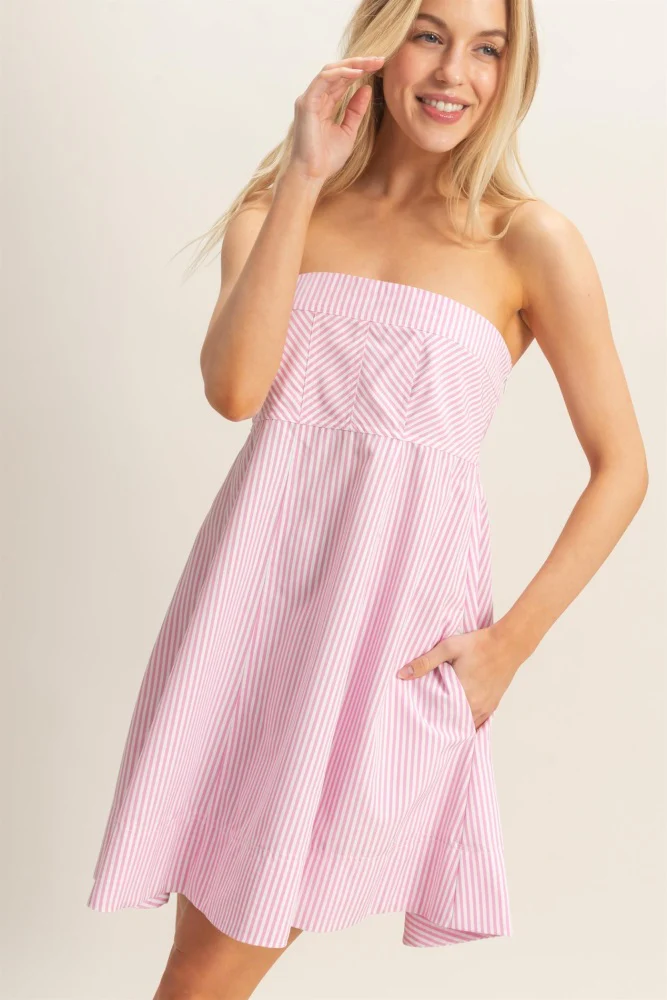 Light Pink Striped Strapless A-Line Dress - Image 2