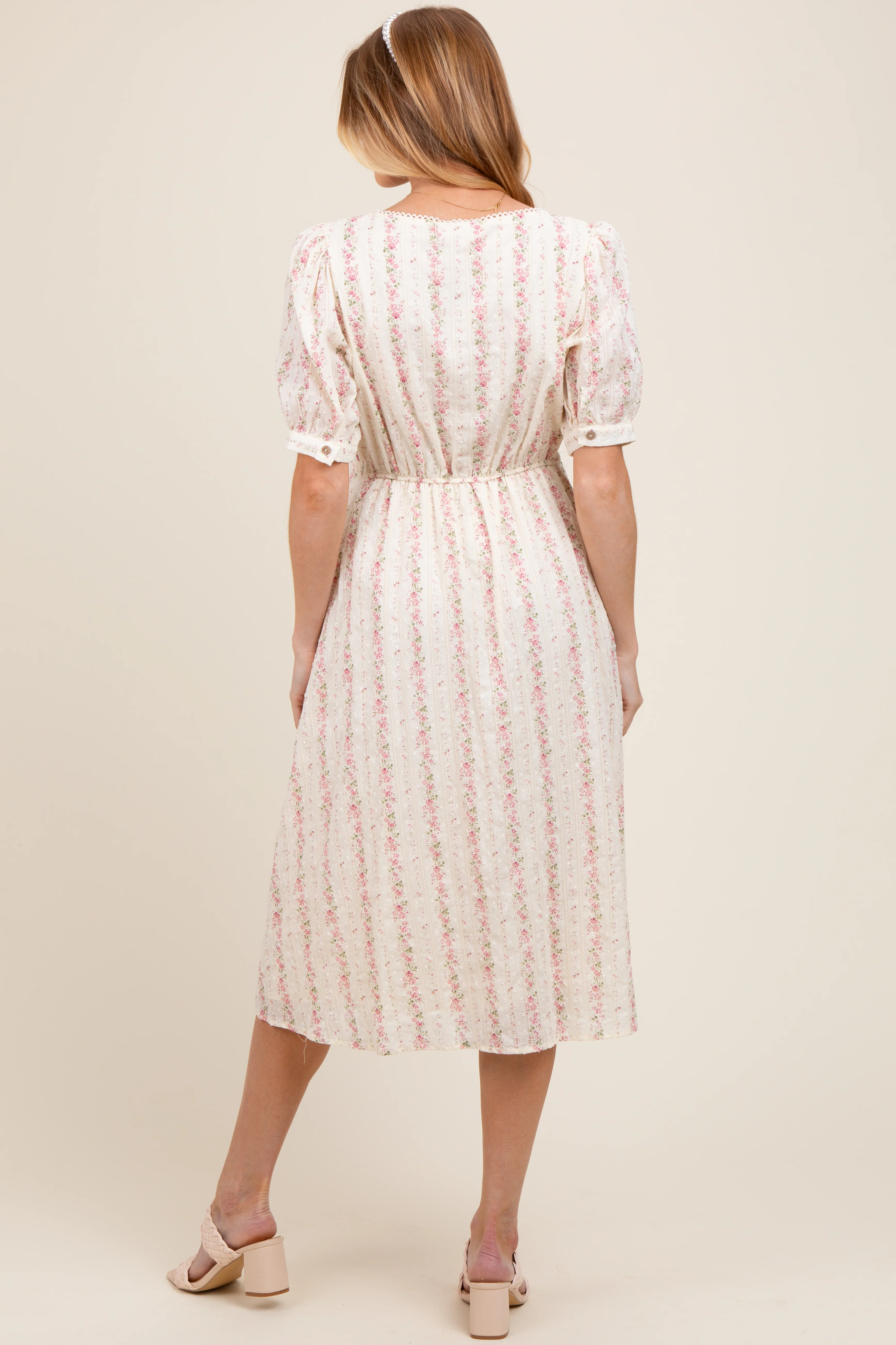 Light Pink Swiss Dot Floral Print Button Down Maternity Midi Dress - Image 3