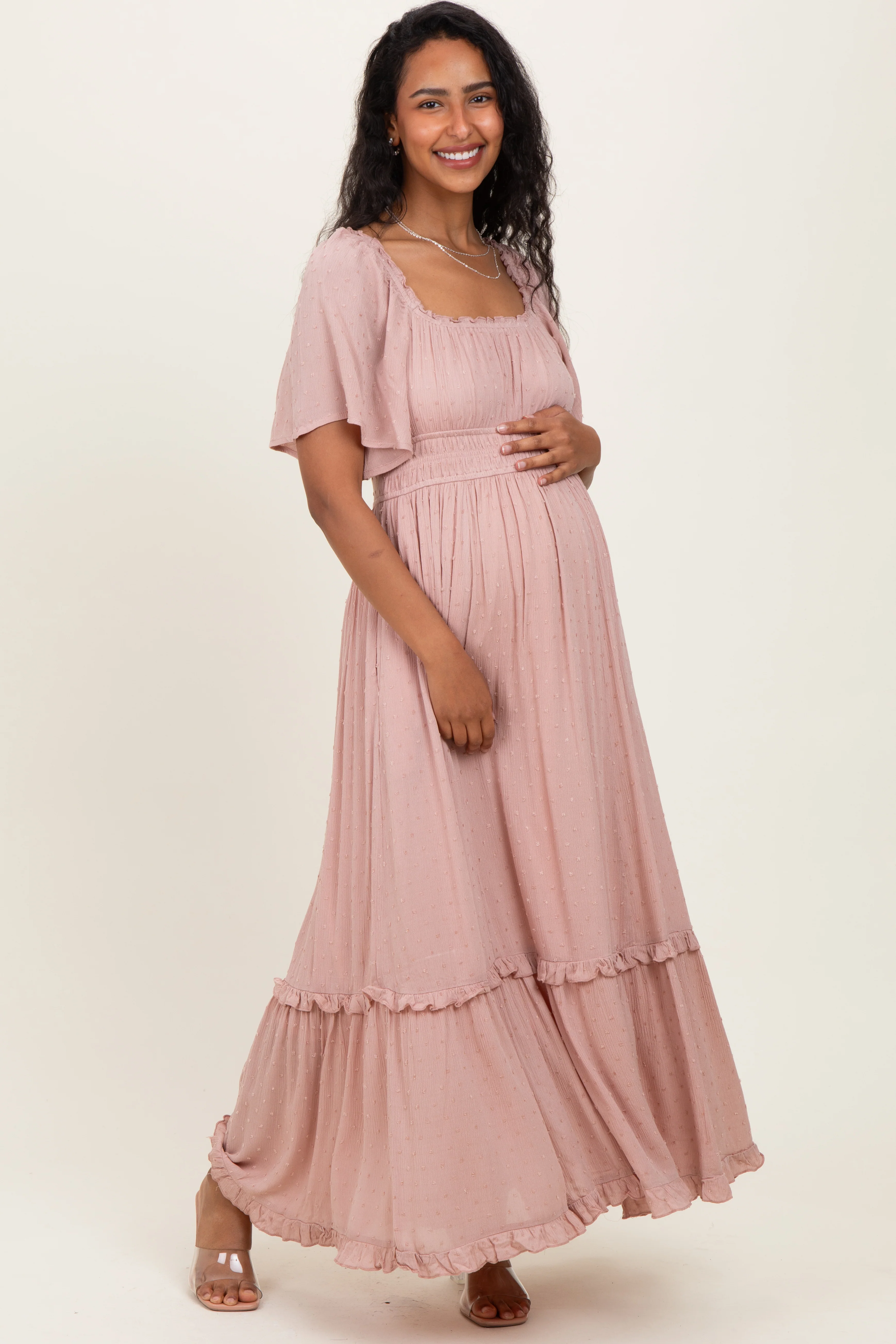 Light Pink Swiss Dot Ruffle Trim Maternity Maxi Dress - Image 3