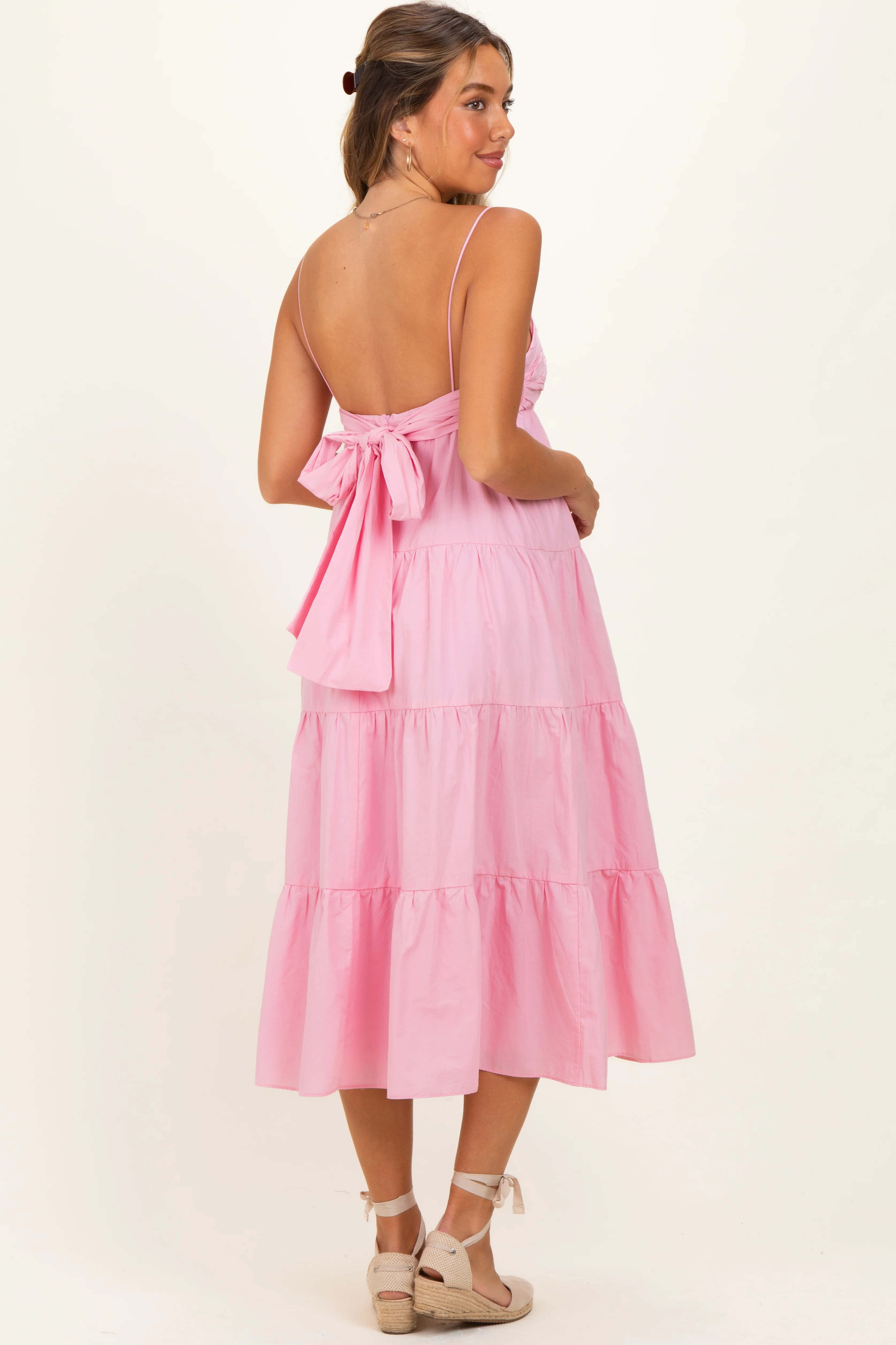 Light Pink Tiered Bow Detail Maternity Midi Dress - Image 4