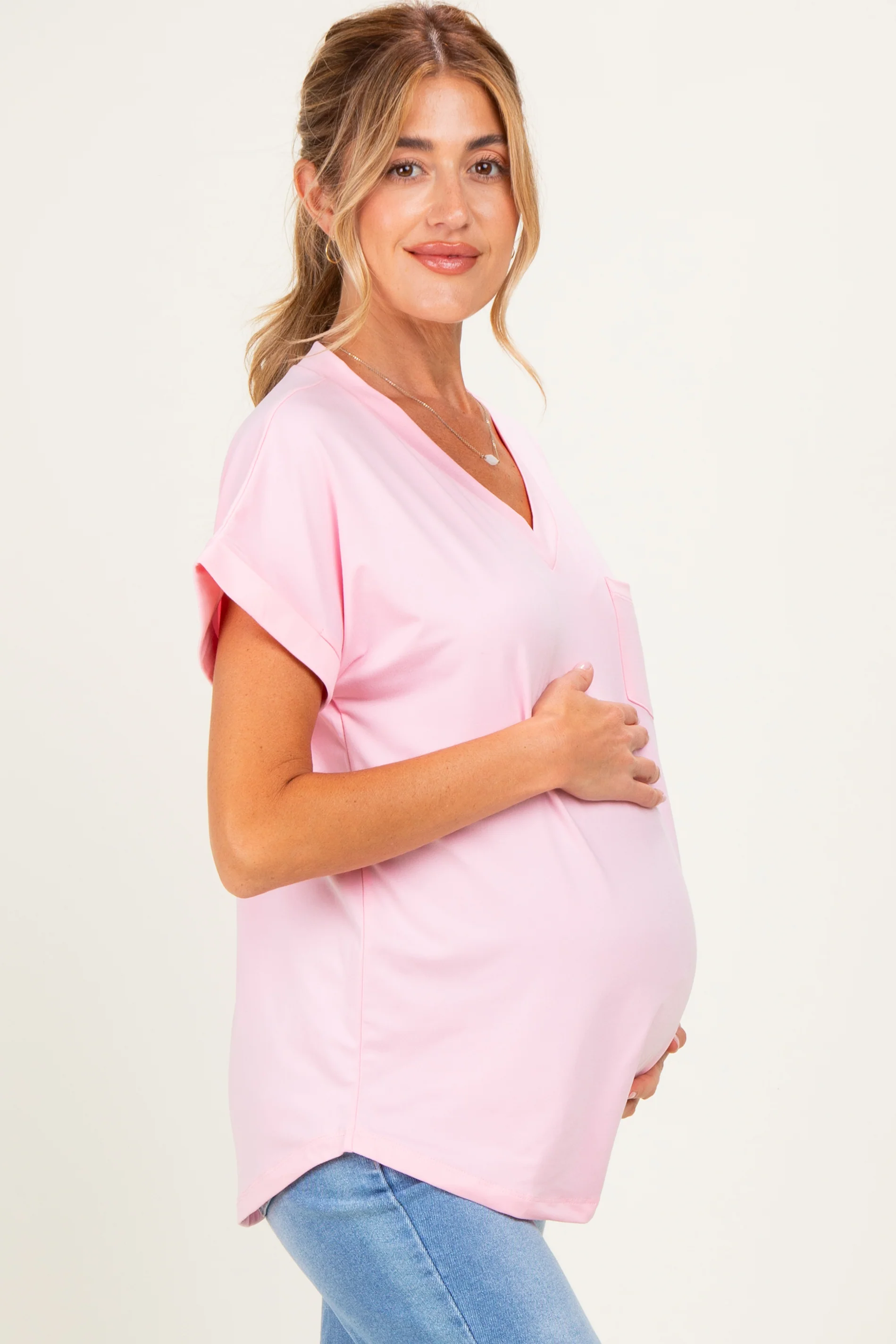 Light Pink V-Neck Pocket Short Sleeve Maternity Shirt - Image 3