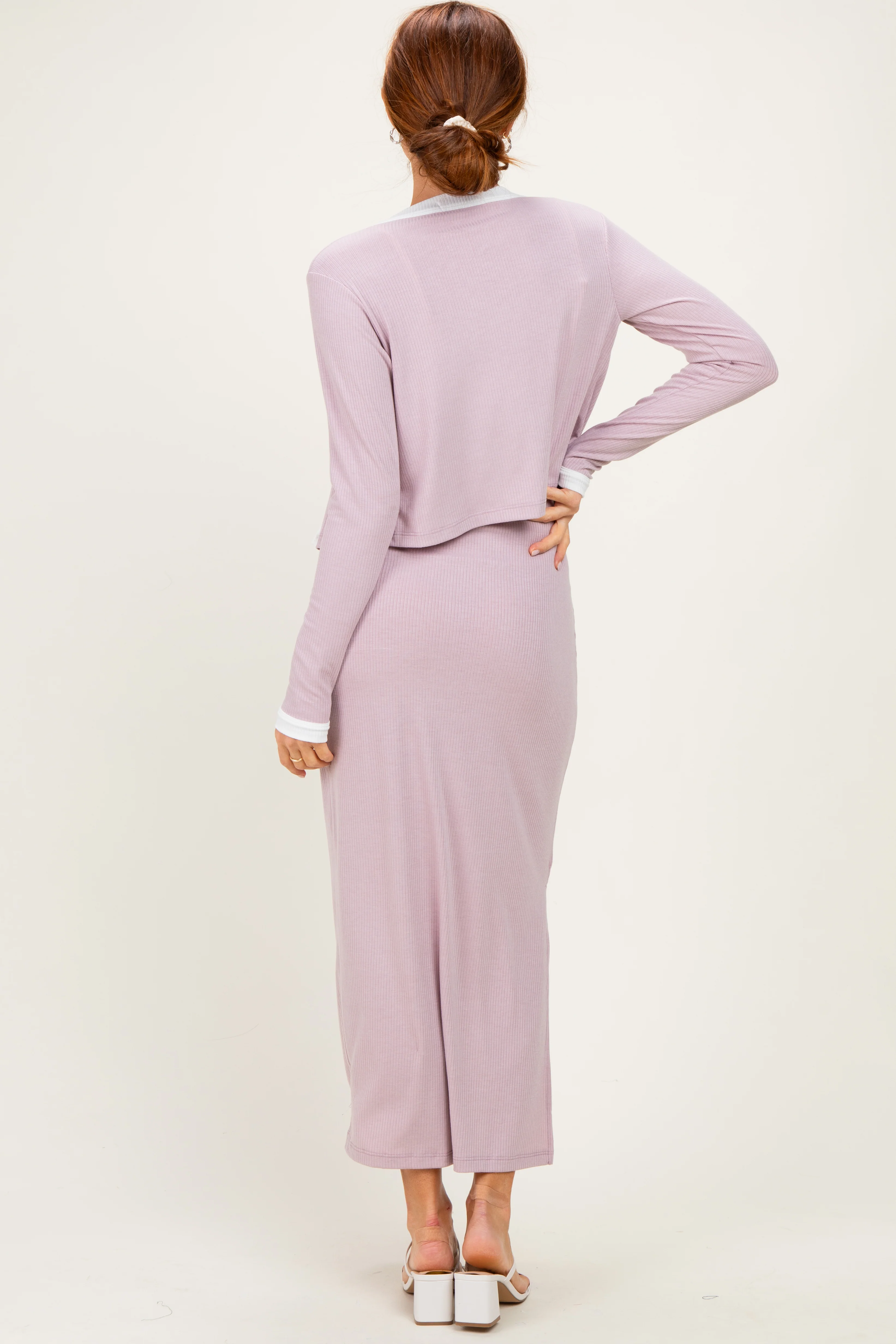 Light Pink/ White Color Block Sleeveless Fitted Dress Cardigan Set - Image 4