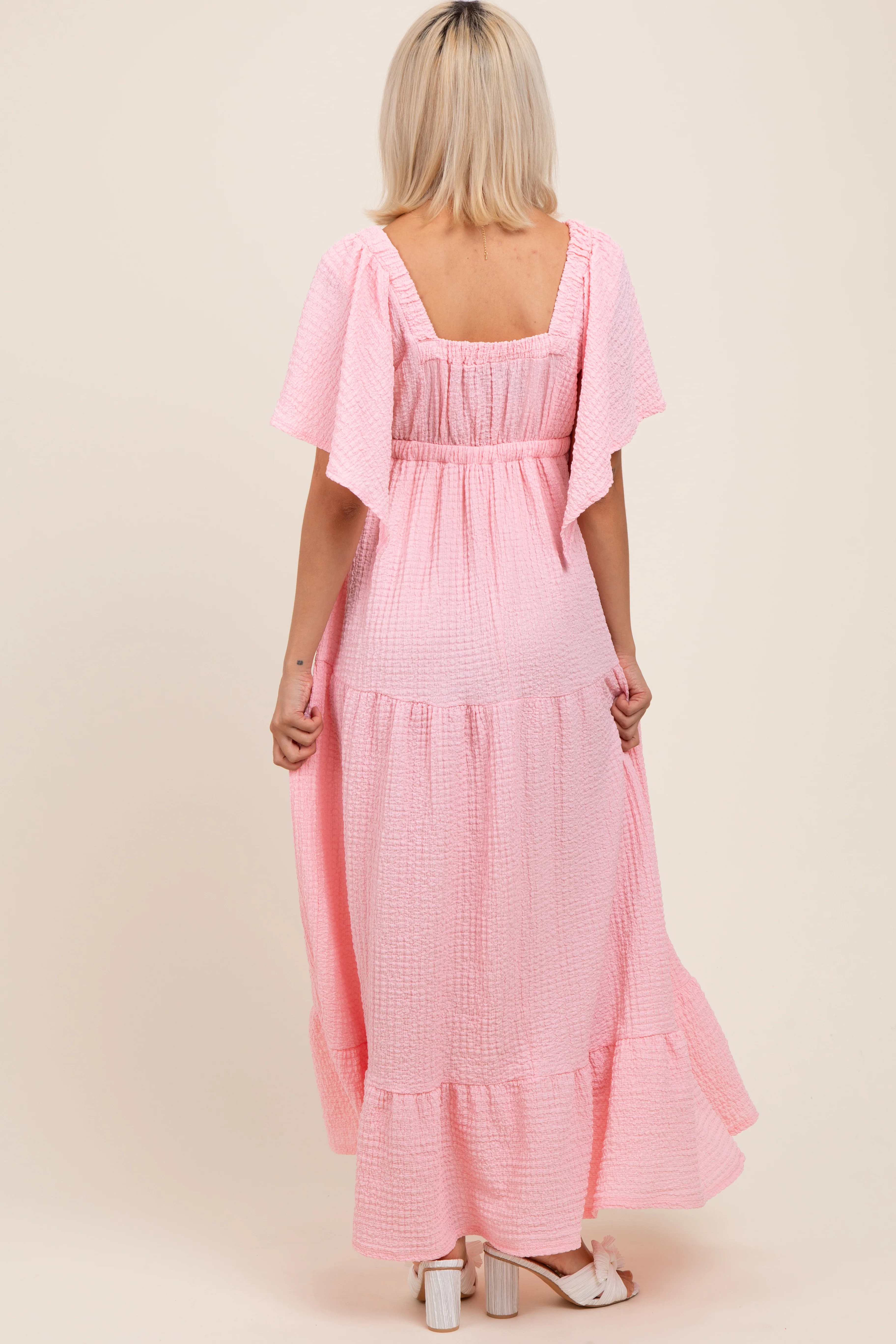 Light Pink Woven Textured Flutter Sleeve V-Neck Tiered Maternity Maxi Dress - Image 4