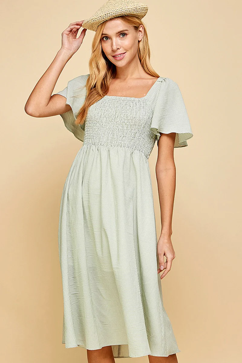 Light Sage Gingham Smocked Maternity Midi Dress - Image 4