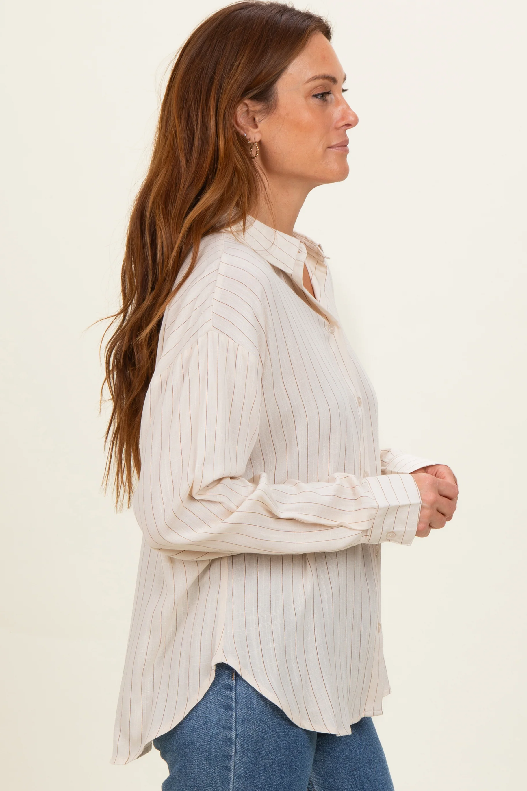 Light Taupe Brown Striped Relaxed Button-Up Shirt - Image 3
