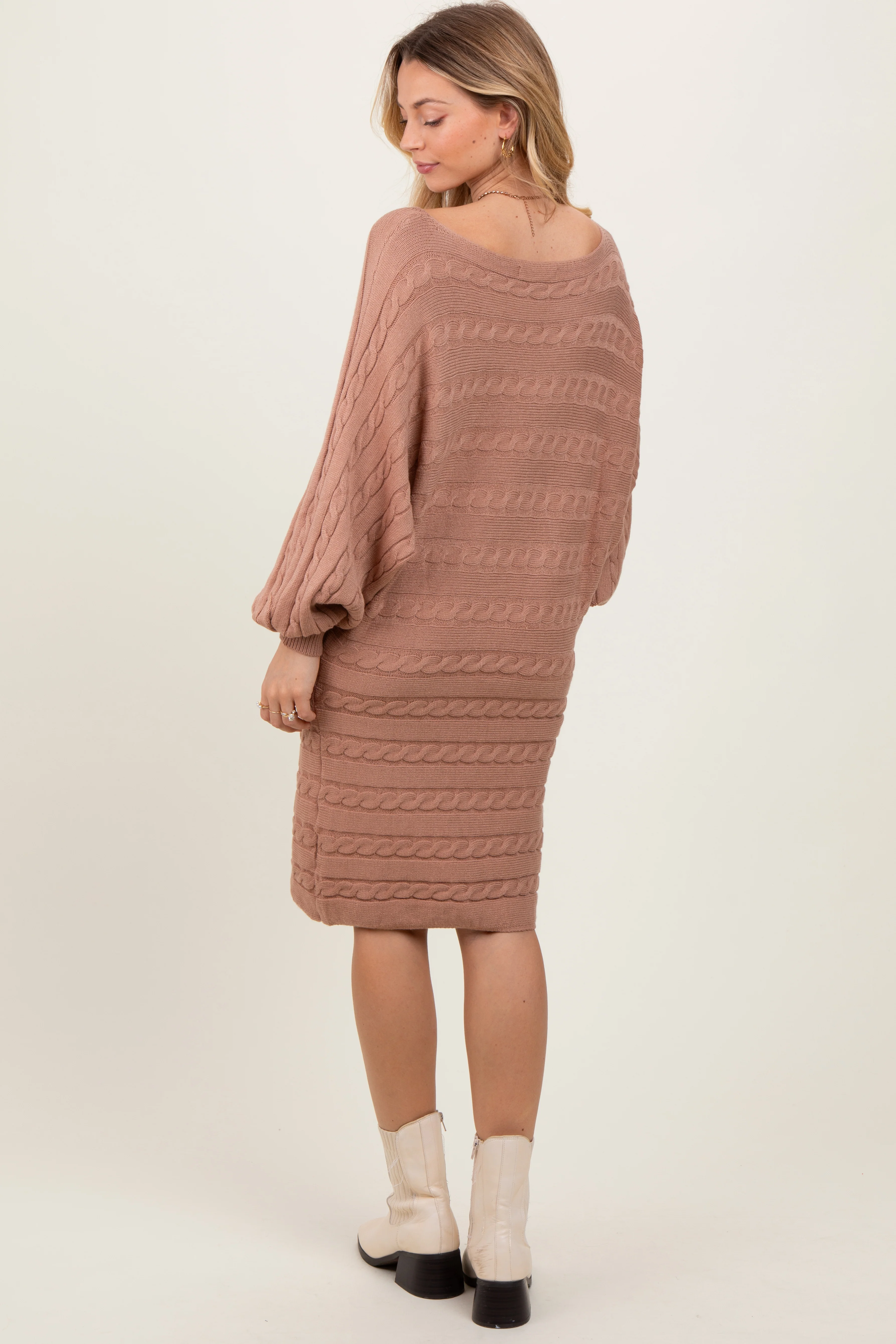 Light Taupe Cable Knit Dolman Sleeve Sweater Mini Dress - Image 3