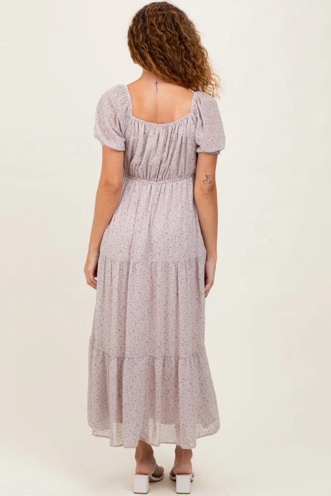 Light Taupe Floral Chiffon Tiered Maxi Dress - Image 4