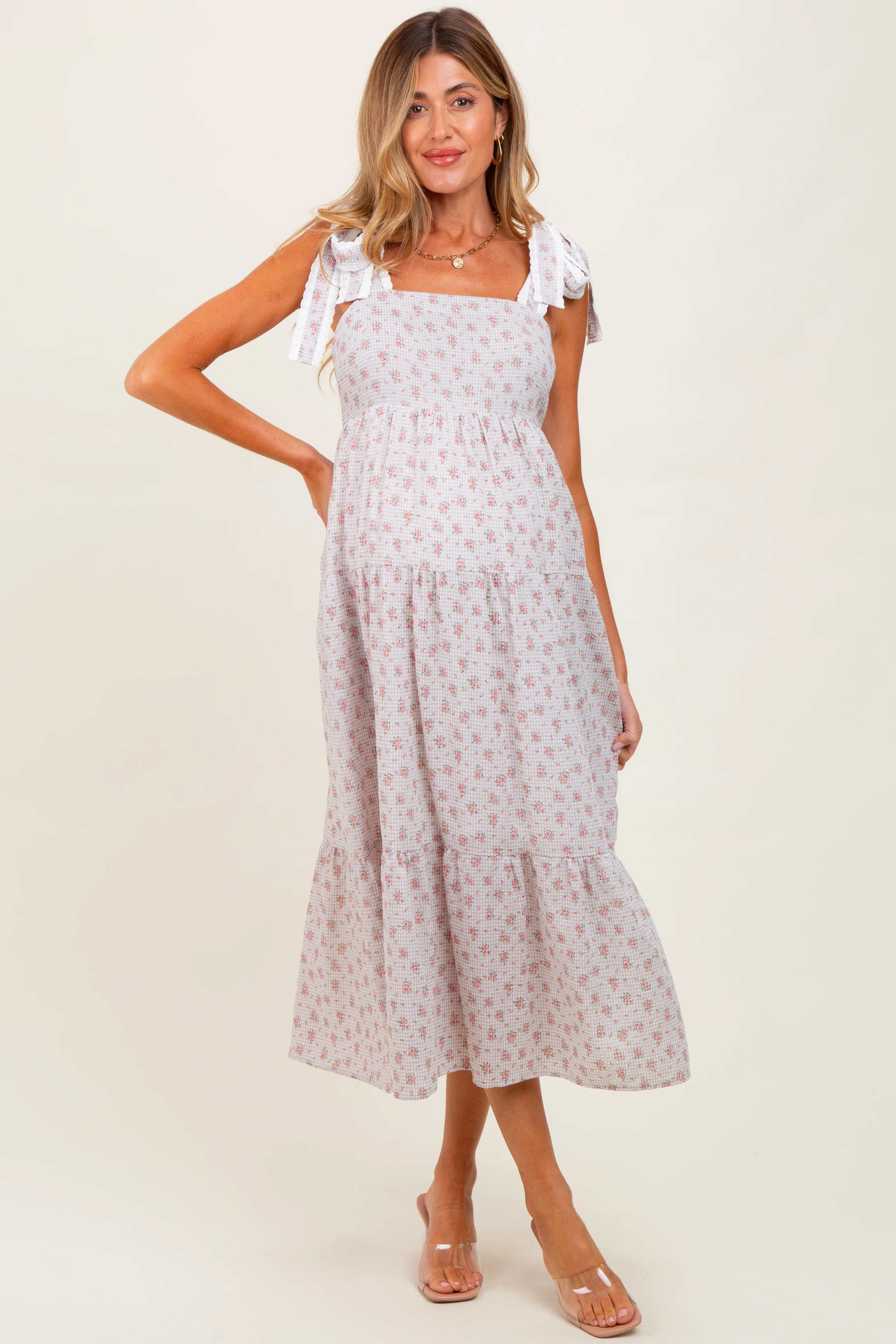Light Taupe Floral Gingham Shoulder Tie Maternity Midi Dress - Image 3