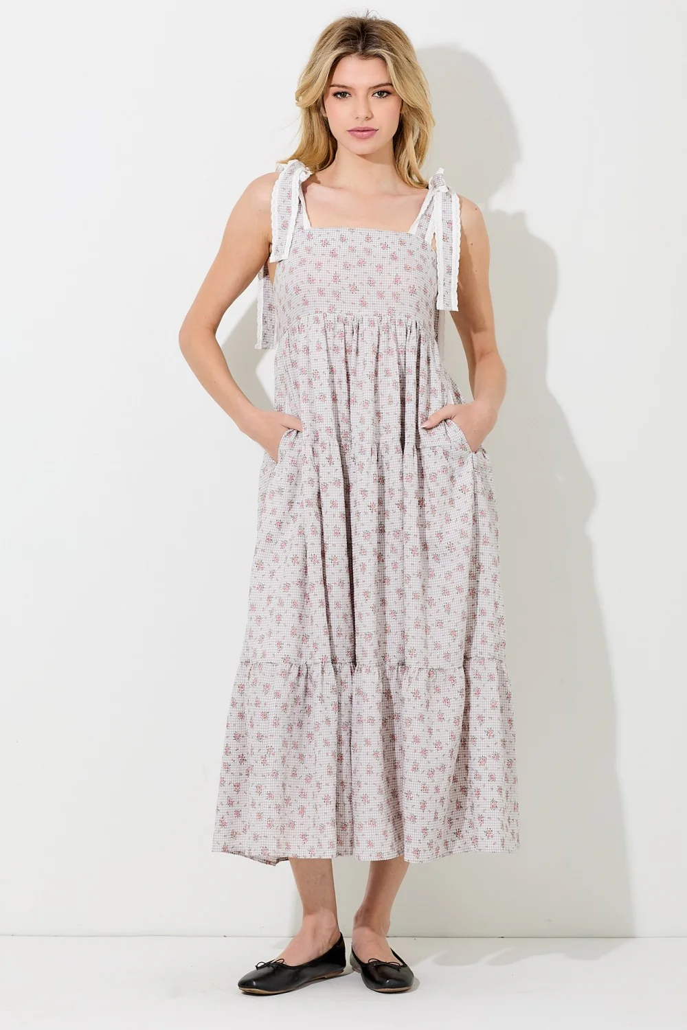 Light Taupe Floral Gingham Shoulder Tie Maternity Midi Dress - Image 6