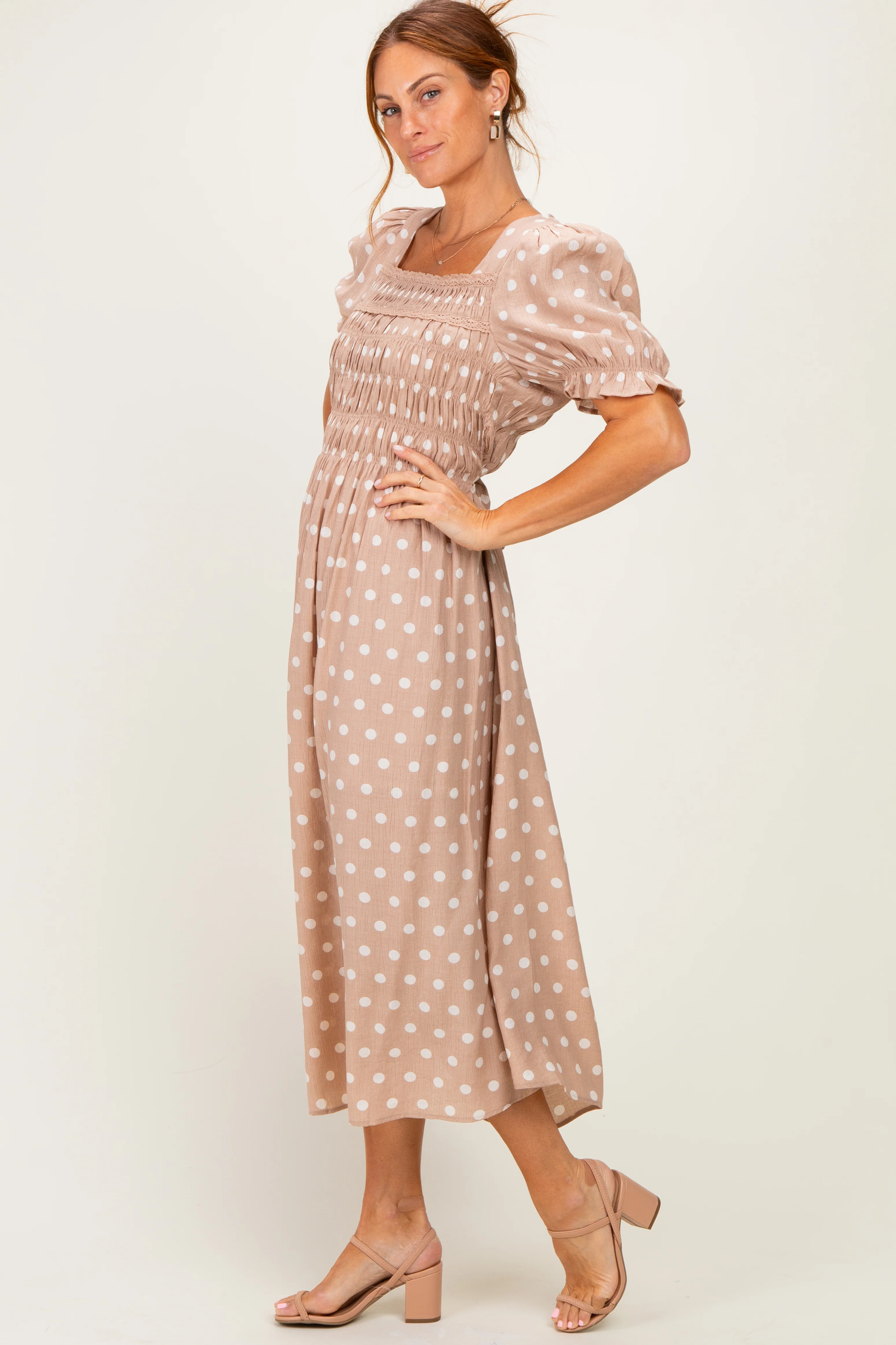 Light Taupe Polka Dot Smocked Midi Dress - Image 2