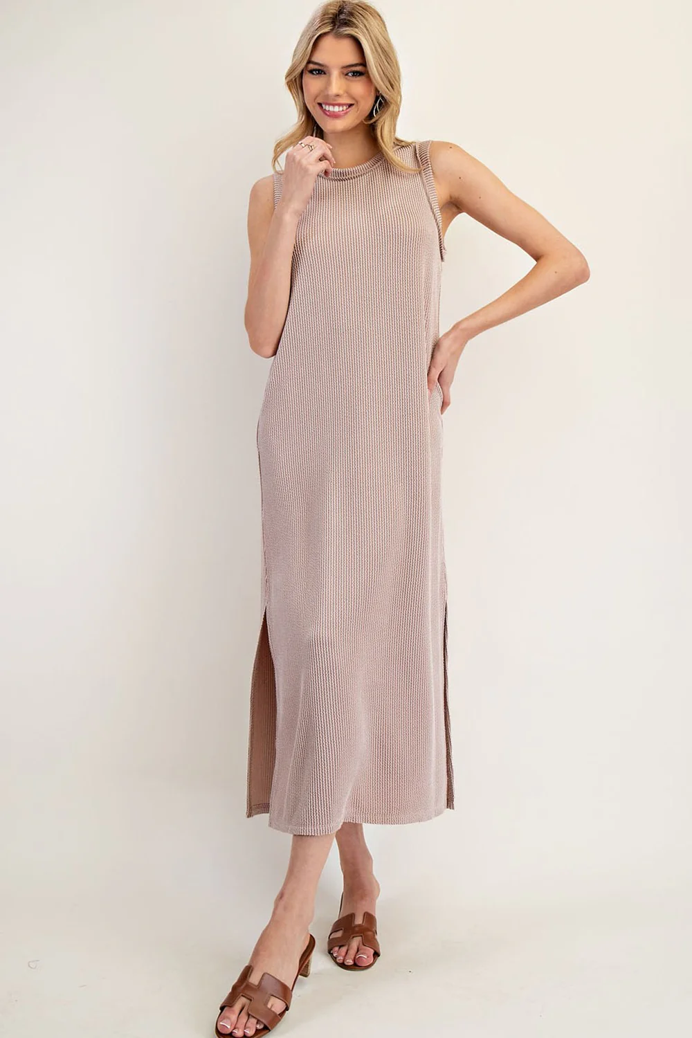 Light Taupe Ribbed Sleeveless Side Slit Maternity Midi Dress - Image 3