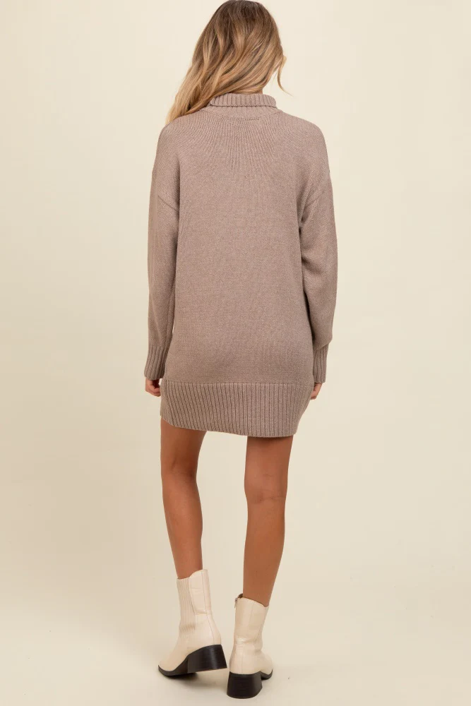 Light Taupe Turtle Neck Maternity Mini Sweater Dress - Image 4