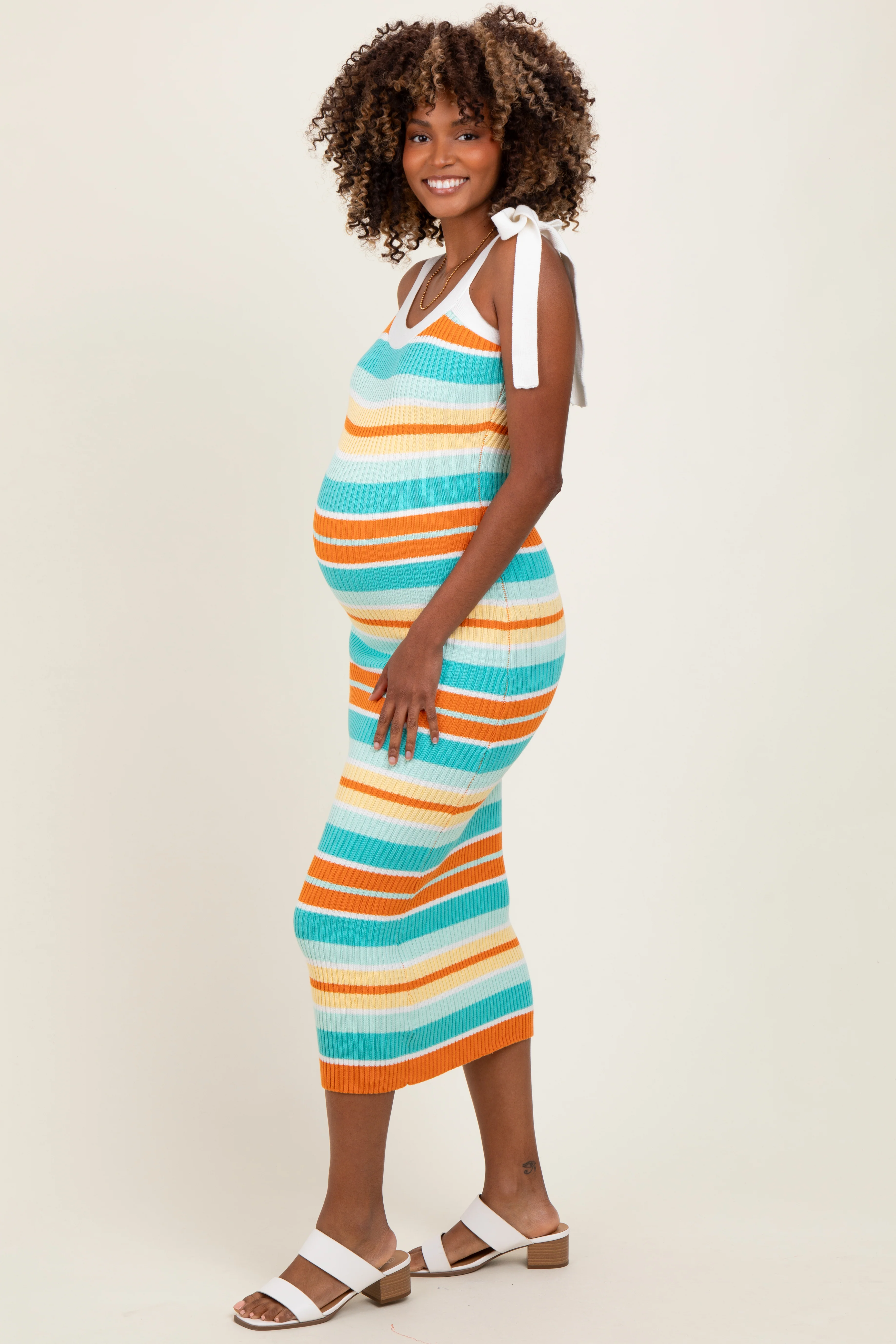 Light Teal Colorblock Stripe Shoulder Tie Maternity Midi Dress - Image 3