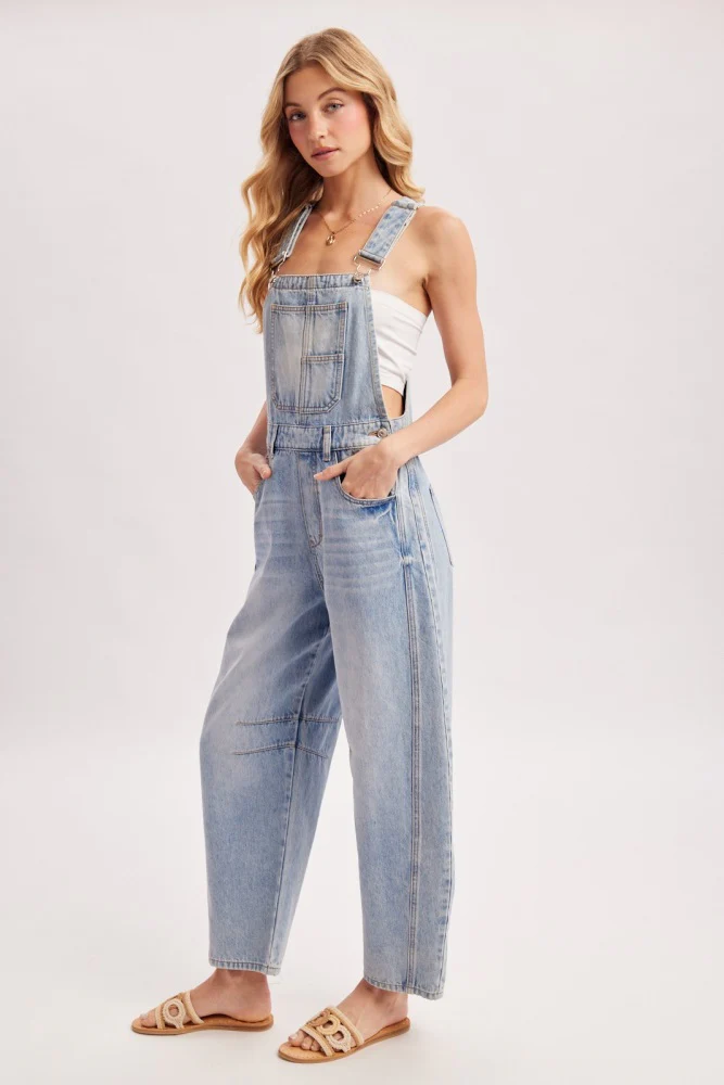 Light Wash Denim Barrel Overalls - Image 3