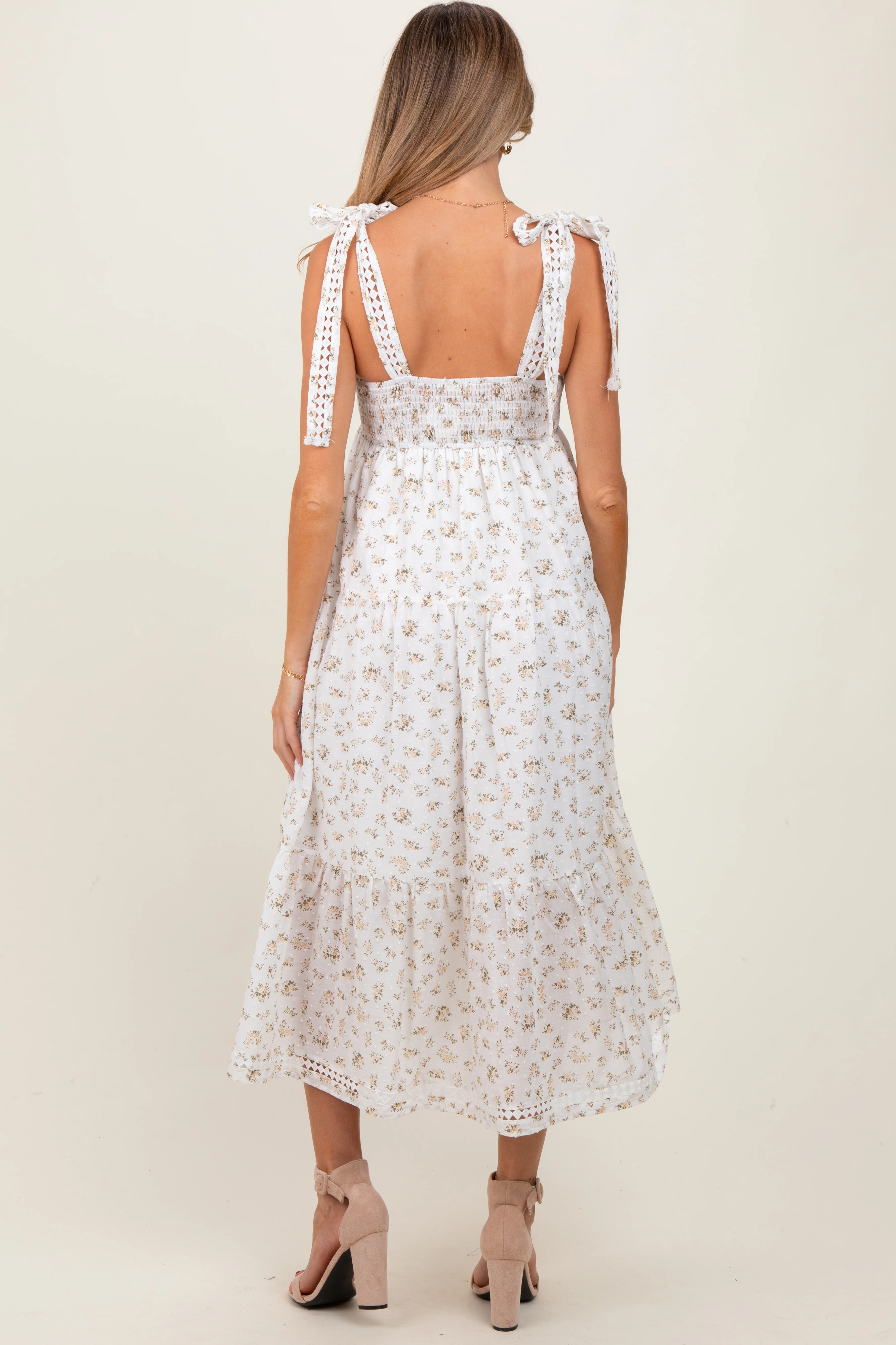 Light Yellow Floral Shoulder Tie Maternity Midi Dress - Image 5