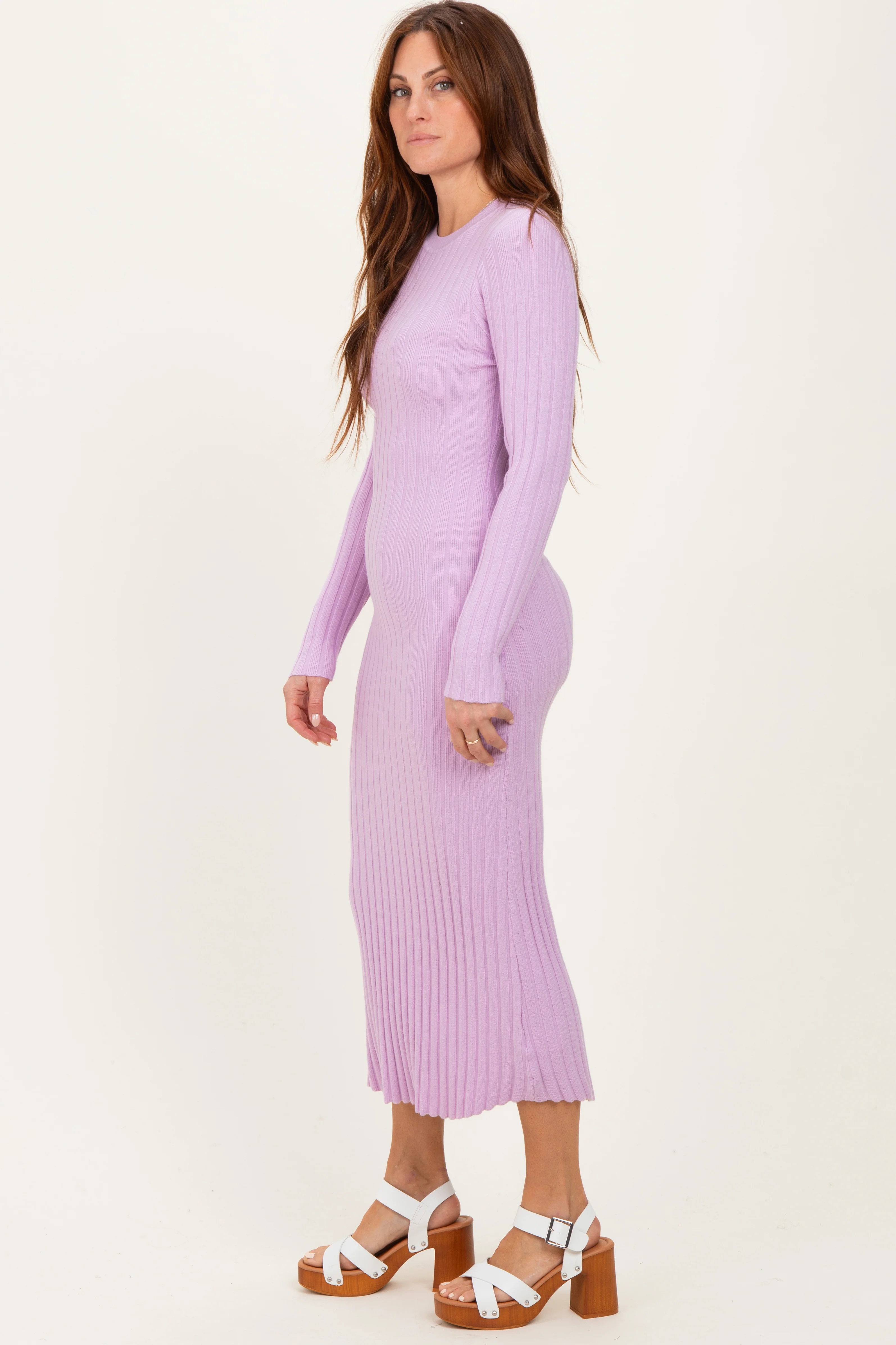 Lilac Ribbed Knit Fitted Midi Sweater Dress - Image 3