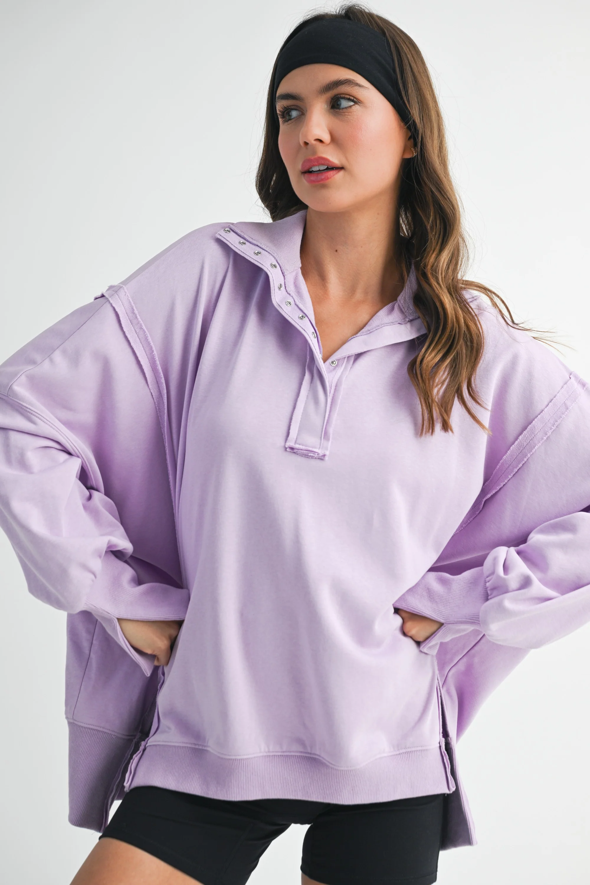 Lilac Snap Button Pullover Henley Maternity Sweatshirt - Image 4