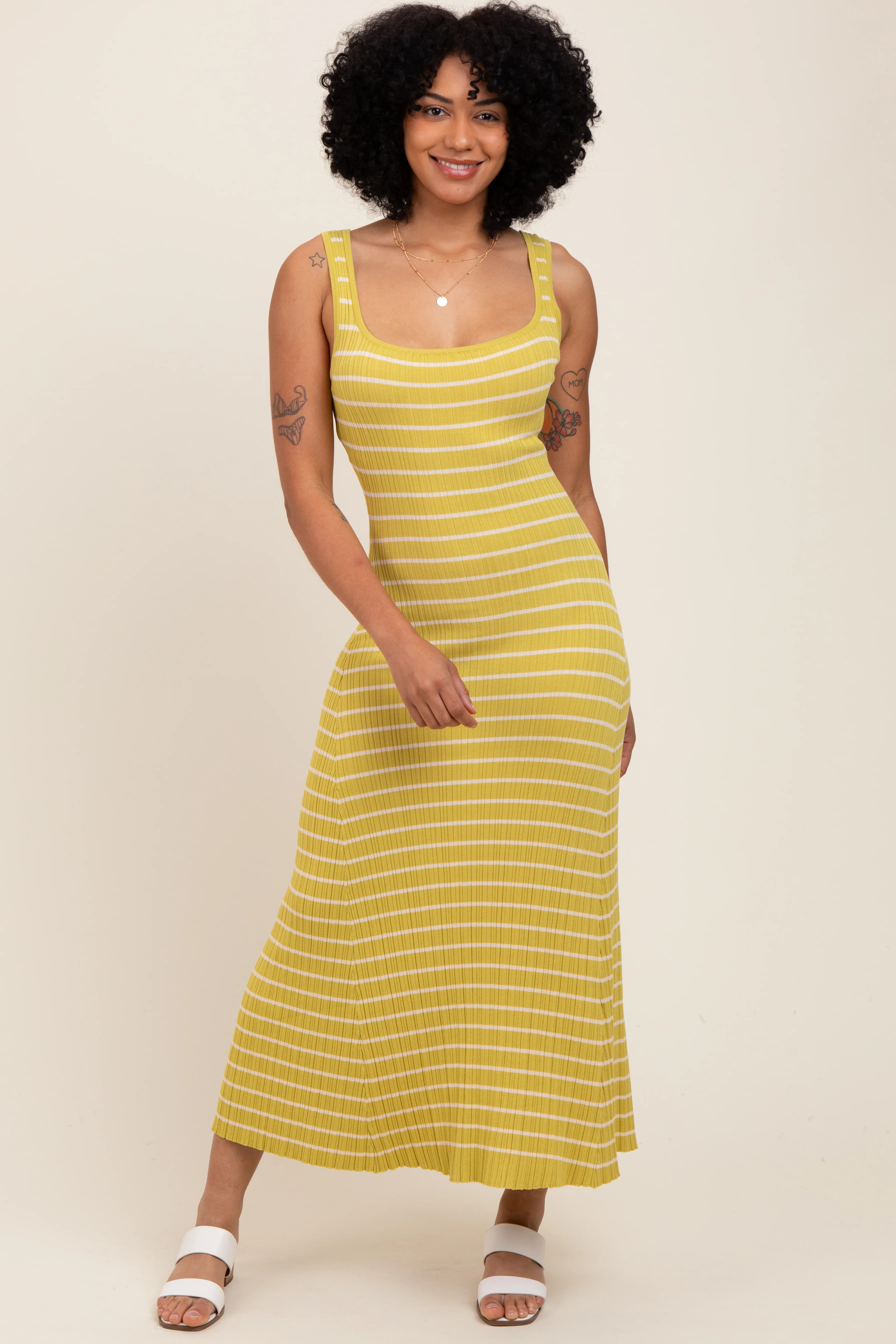 Lime/Cream Lightweight Rib Fit And Flare Maternity Midi Dress - Image 4