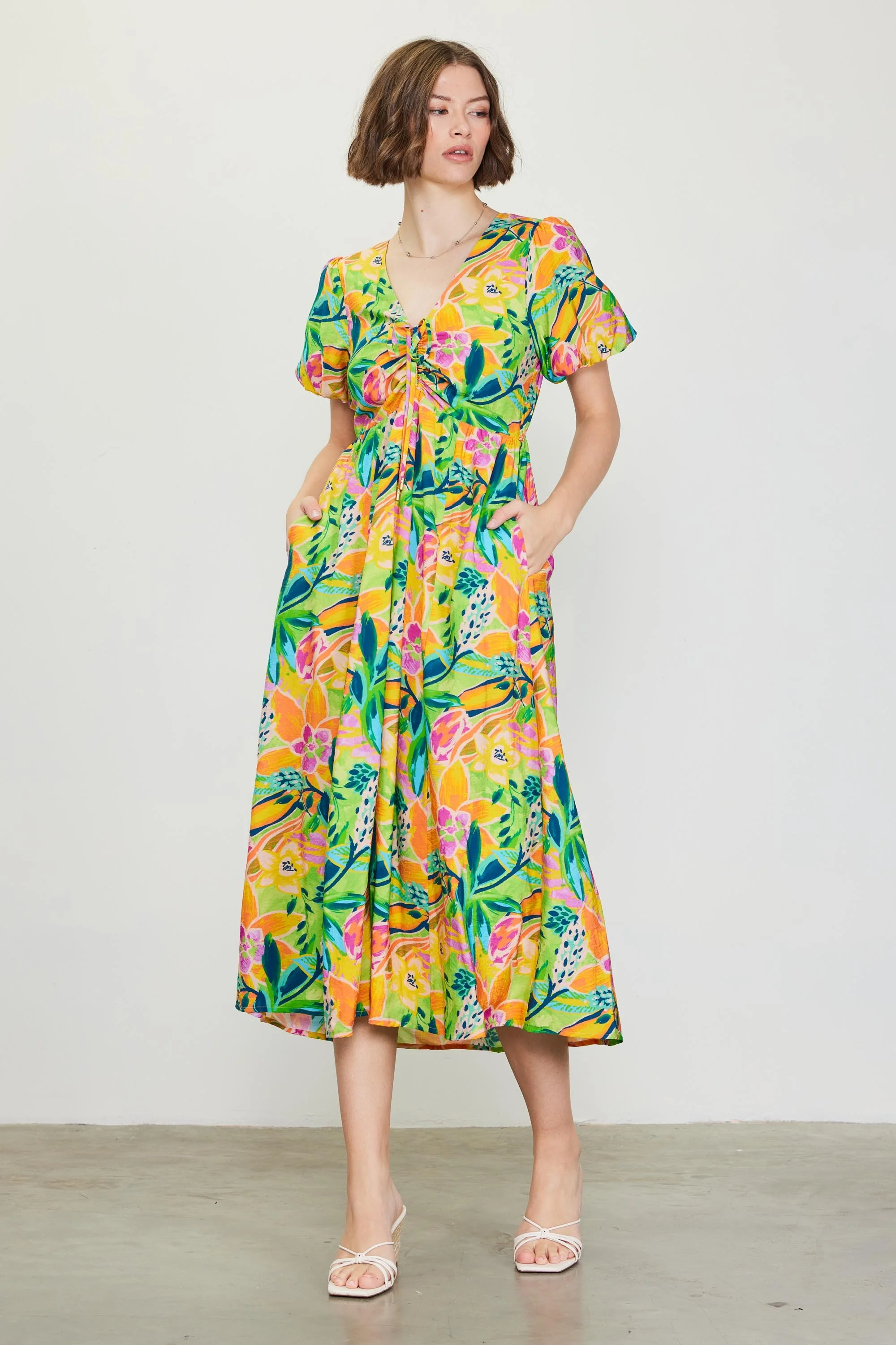 Lime Floral Puff Sleeve Maternity Midi Dress - Image 5