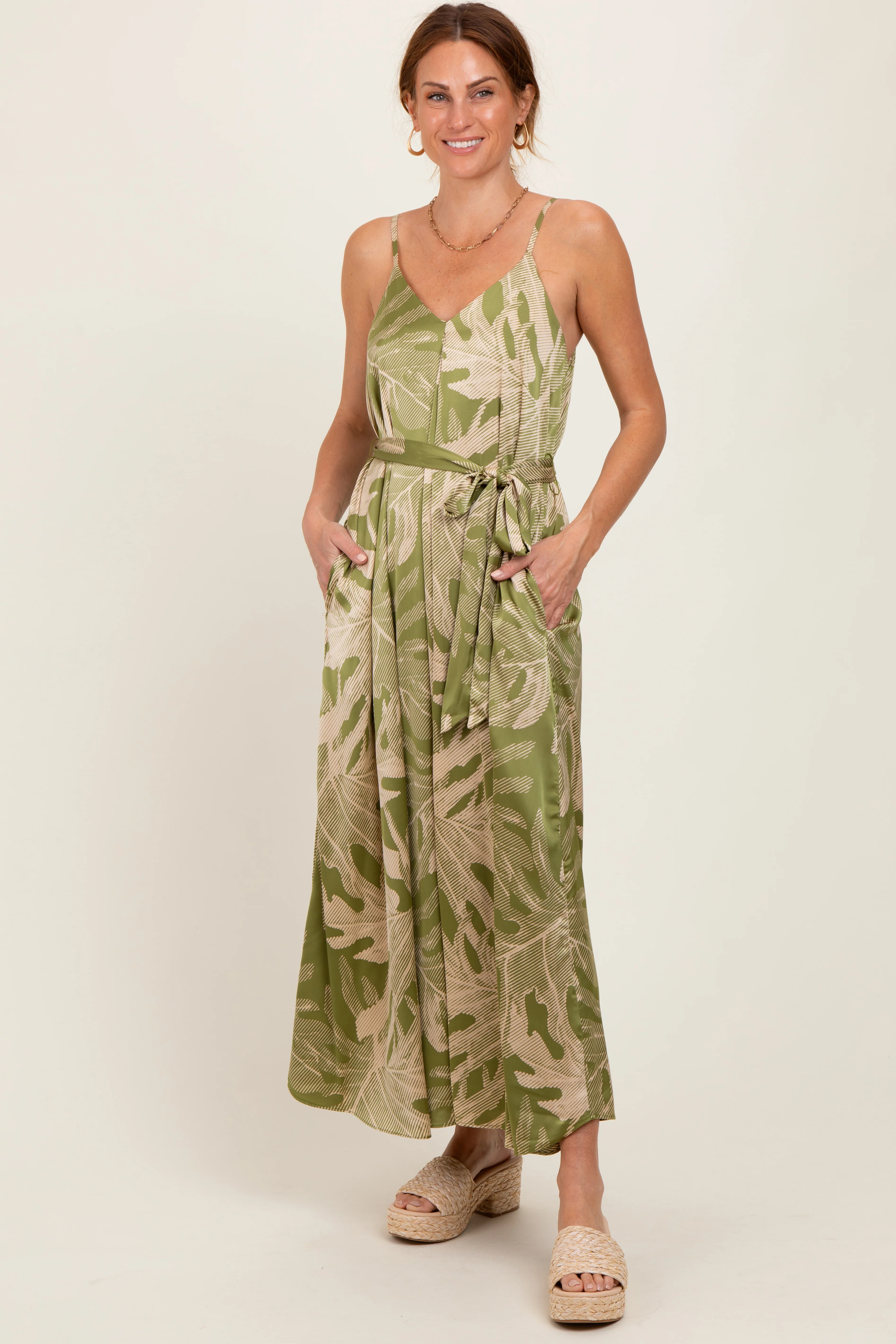 Lime Green Leaf Print Sash Tie Maternity Midi Dress - Image 4