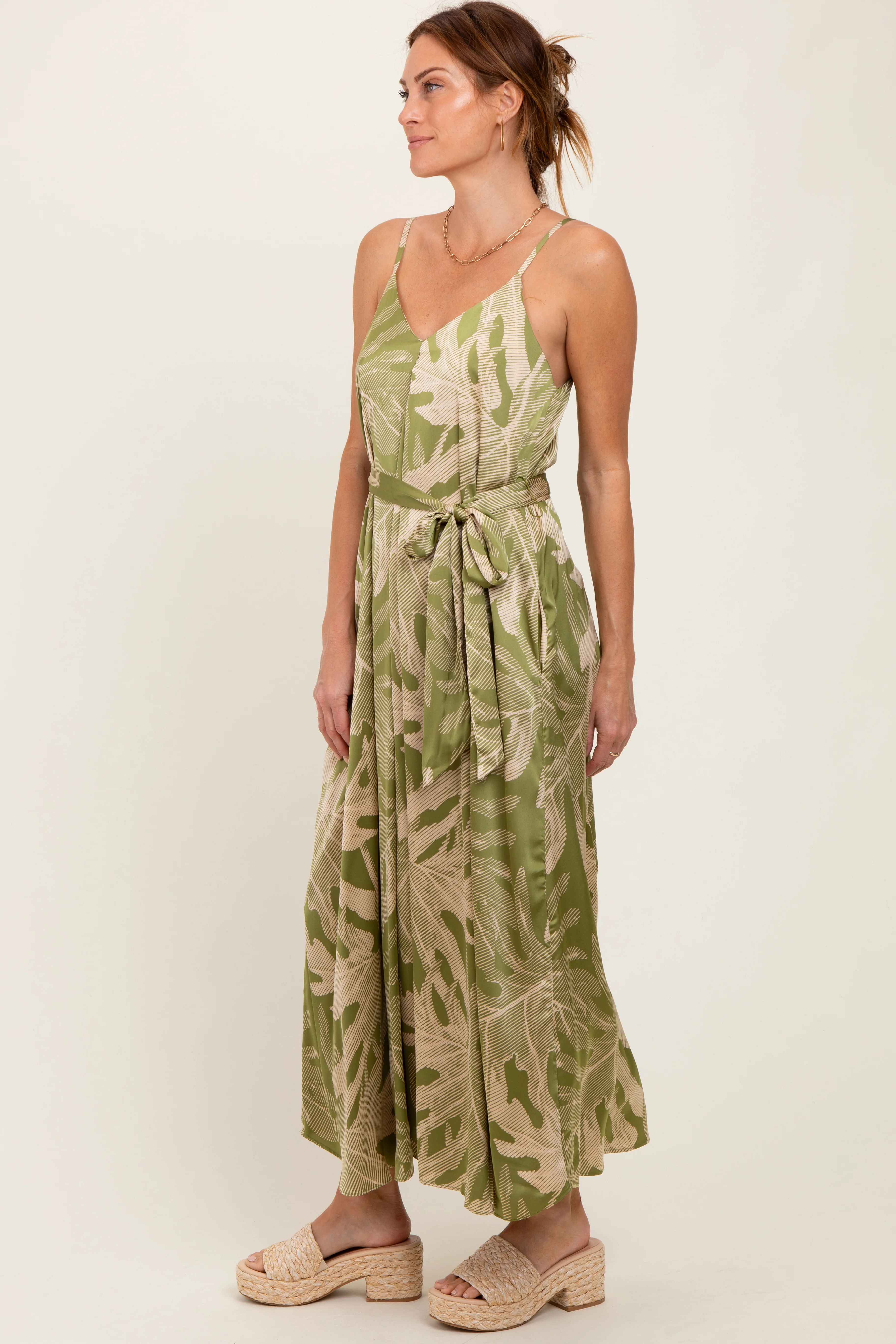 Lime Green Leaf Print Sash Tie Midi Dress - Image 2