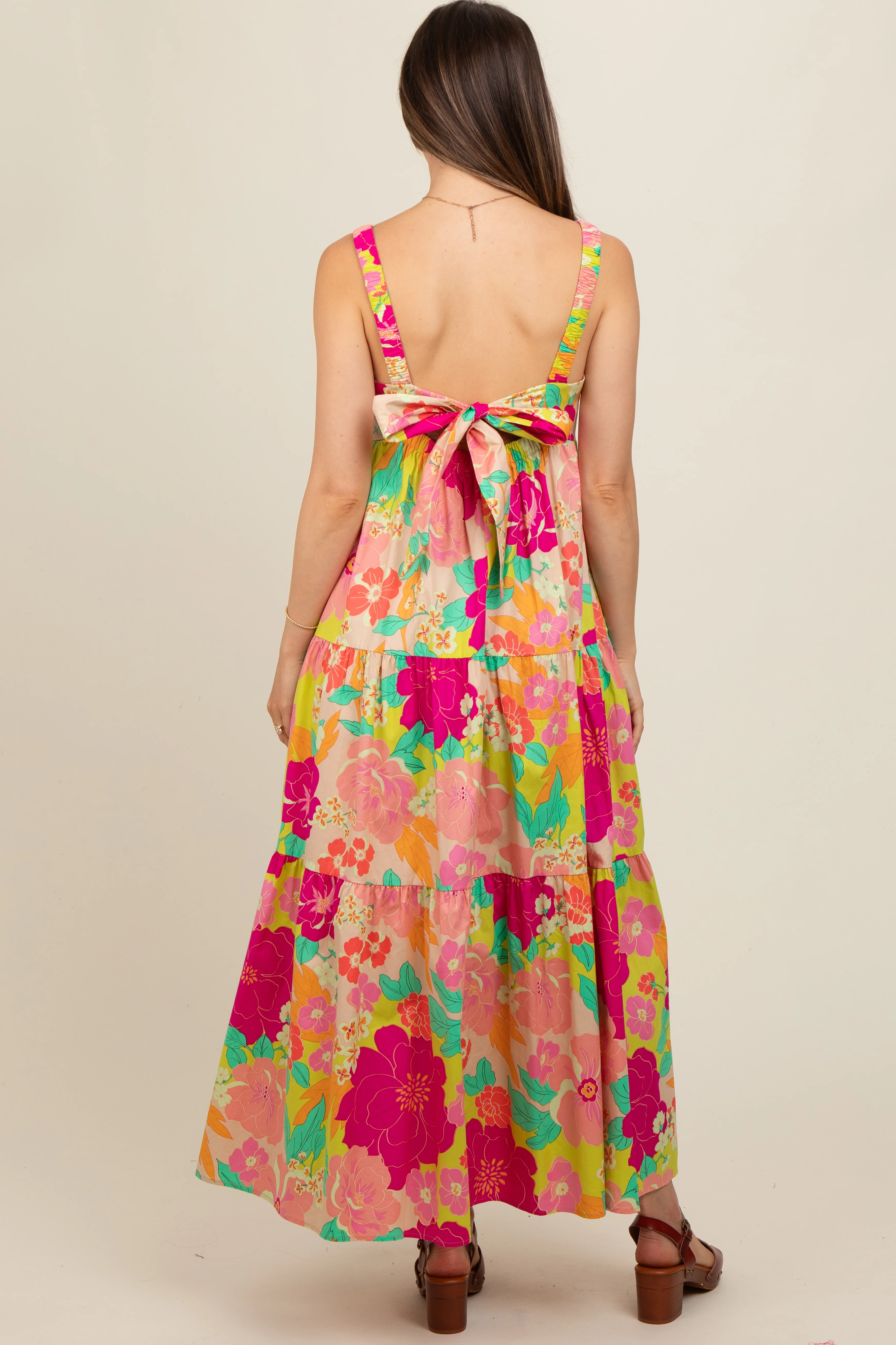 Lime Multi-Color Floral Tiered Cutout Back Maternity Dress - Image 3