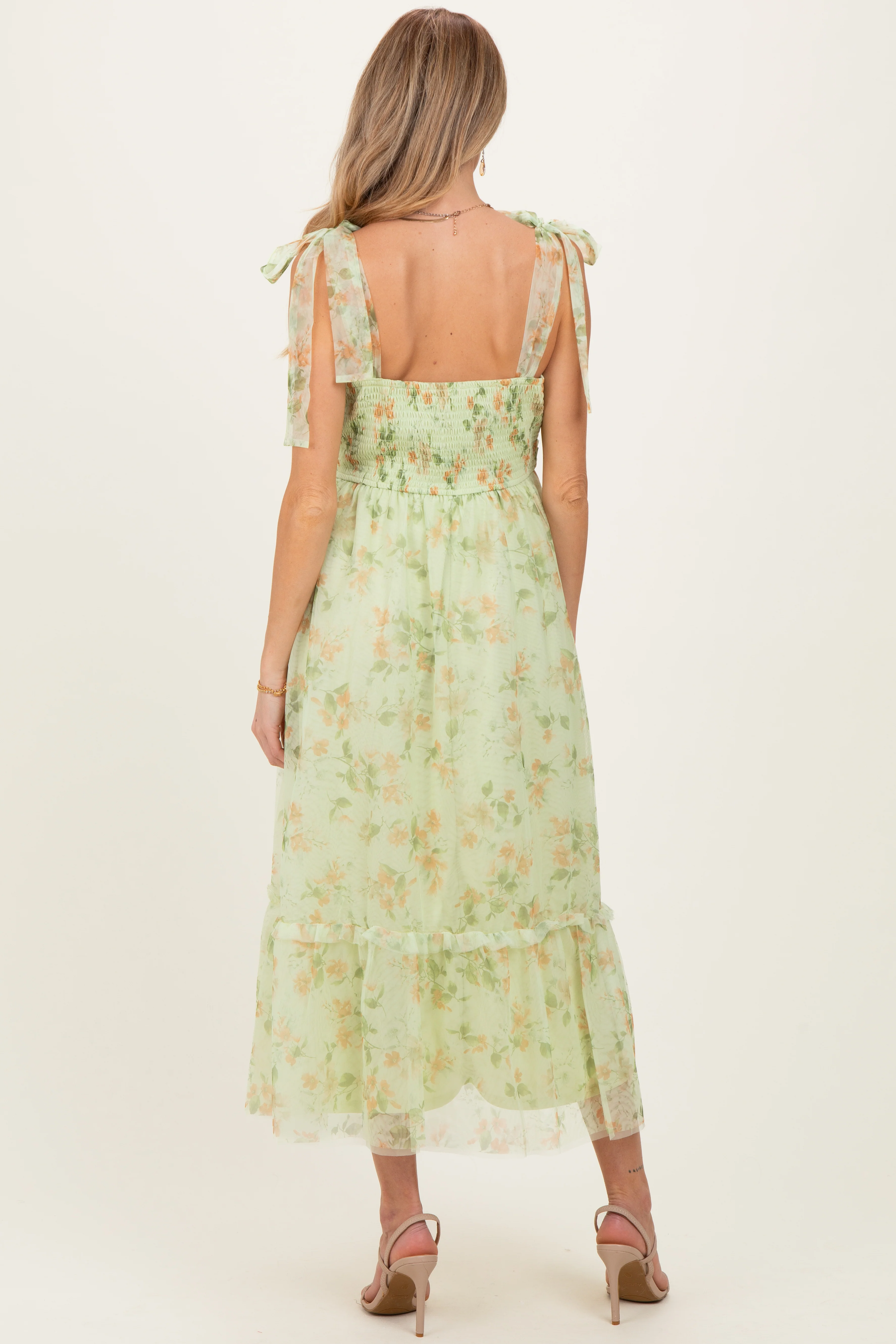 Lime Multi Floral Shirred Bodice Sleeveless Maternity Midi Dress - Image 4