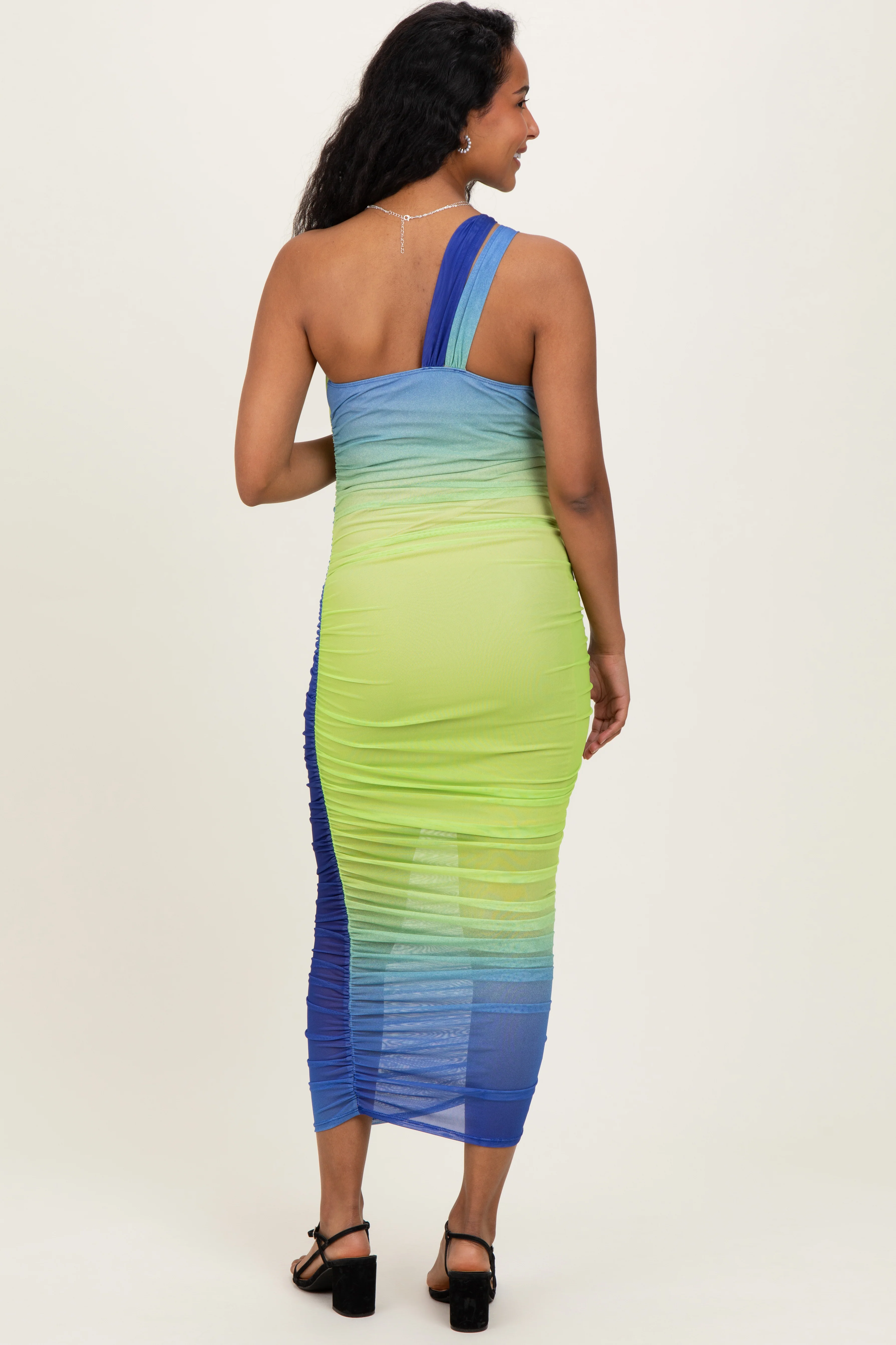 Lime Ombre Mesh One Shoulder Maternity Midi Dress - Image 3
