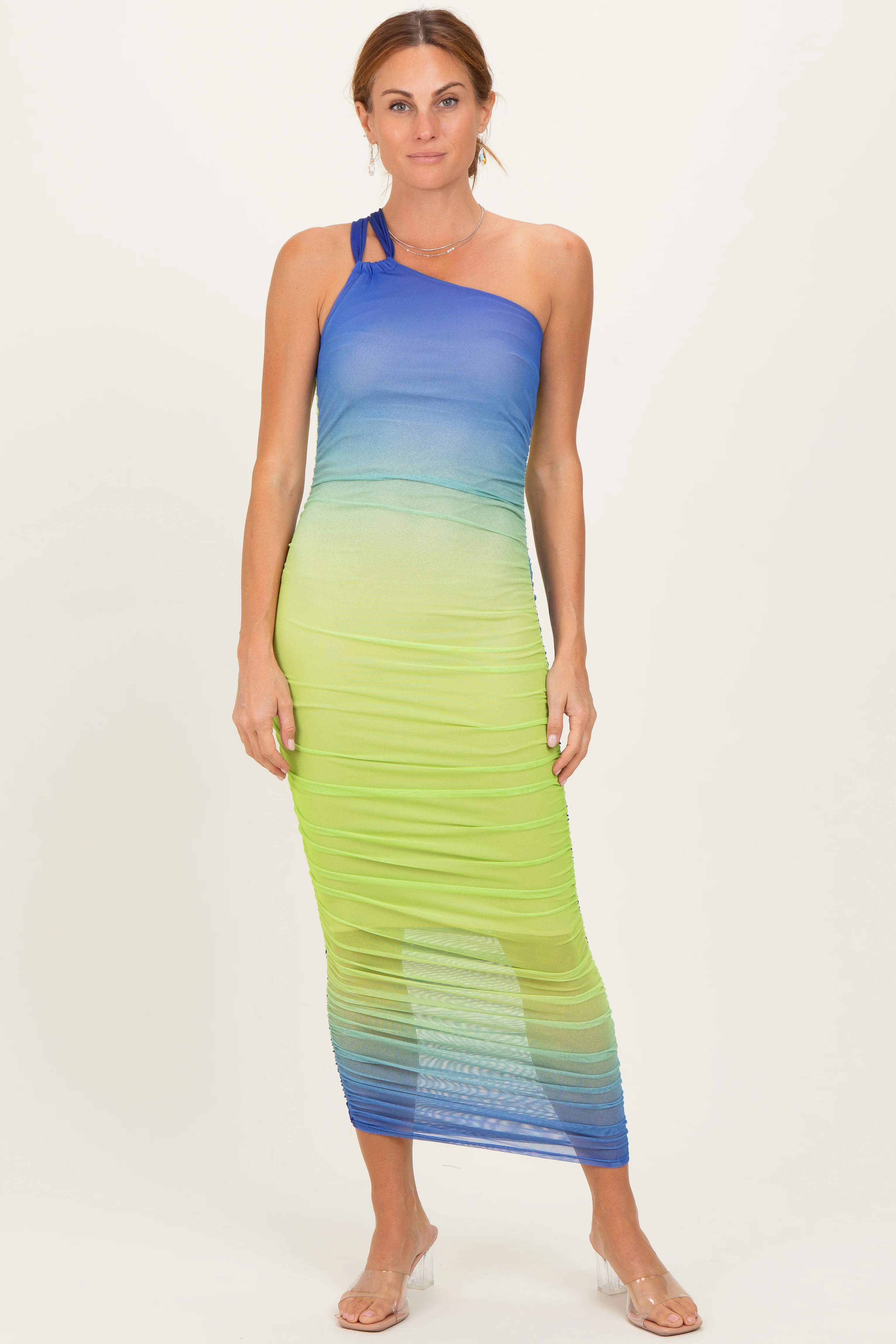 Lime Ombre Mesh One Shoulder Maternity Midi Dress - Image 4