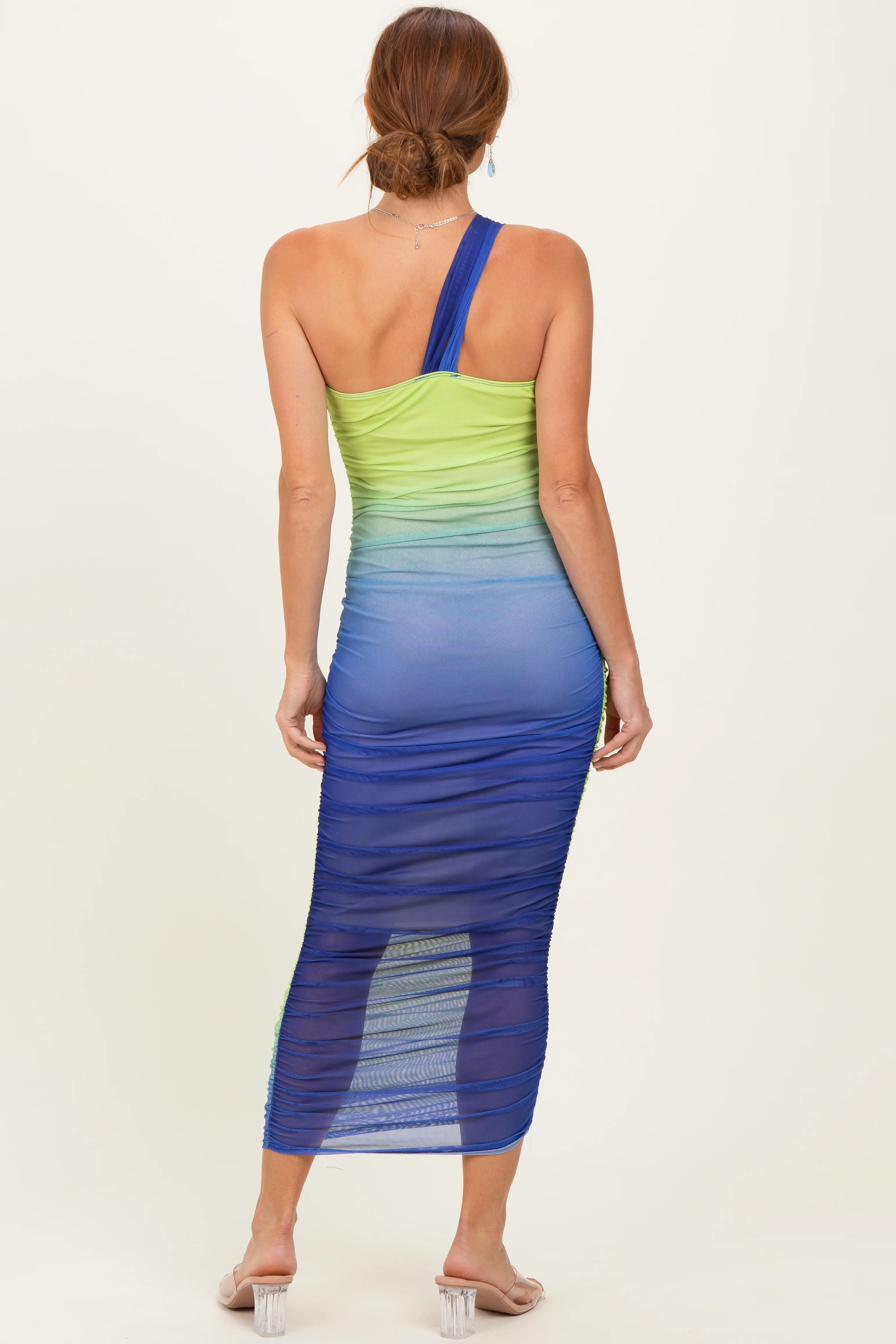 Lime Ombre Mesh One Shoulder Midi Dress - Image 4
