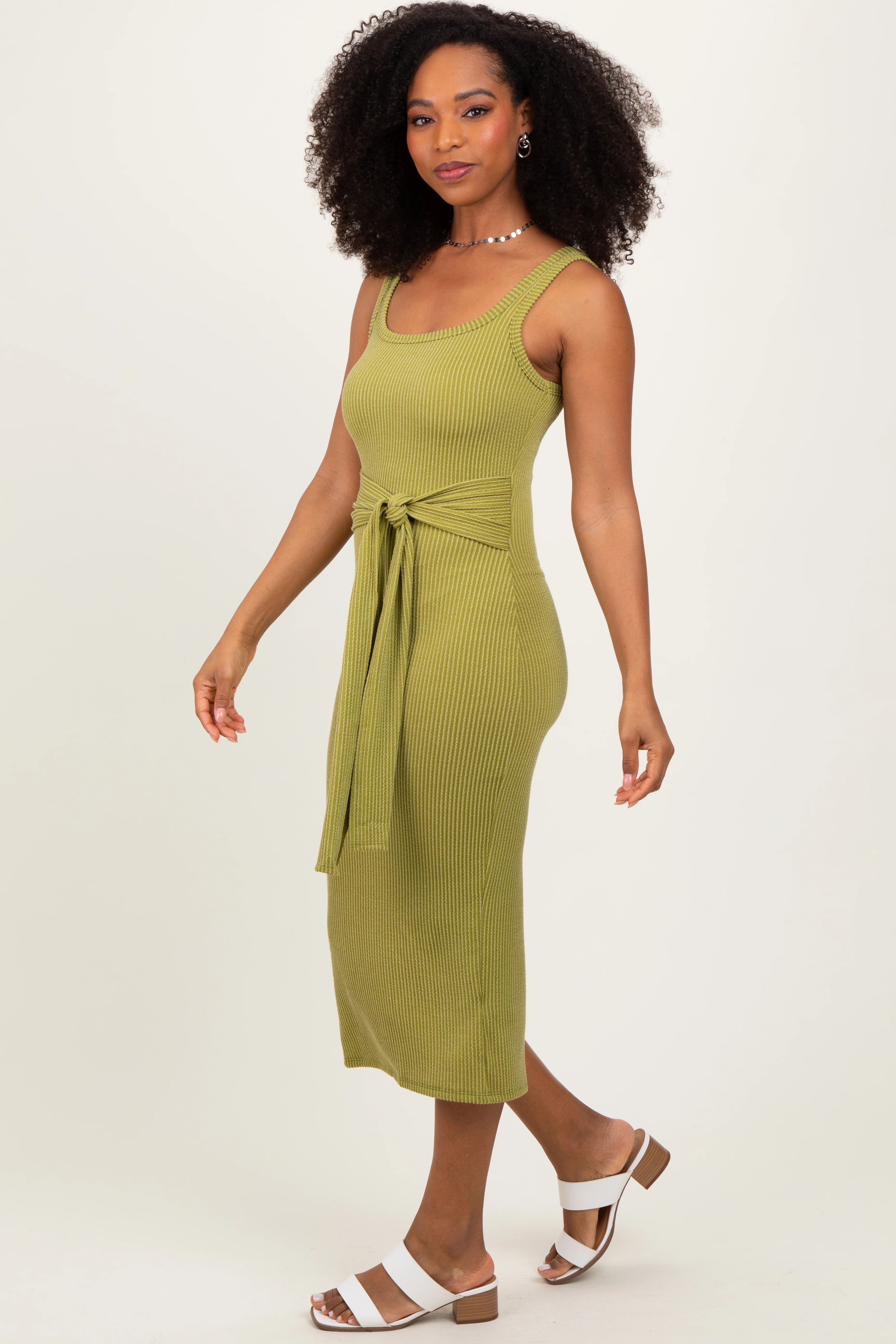 Lime Ribbed Front Tie Sleeveless Midi Dress - Image 3