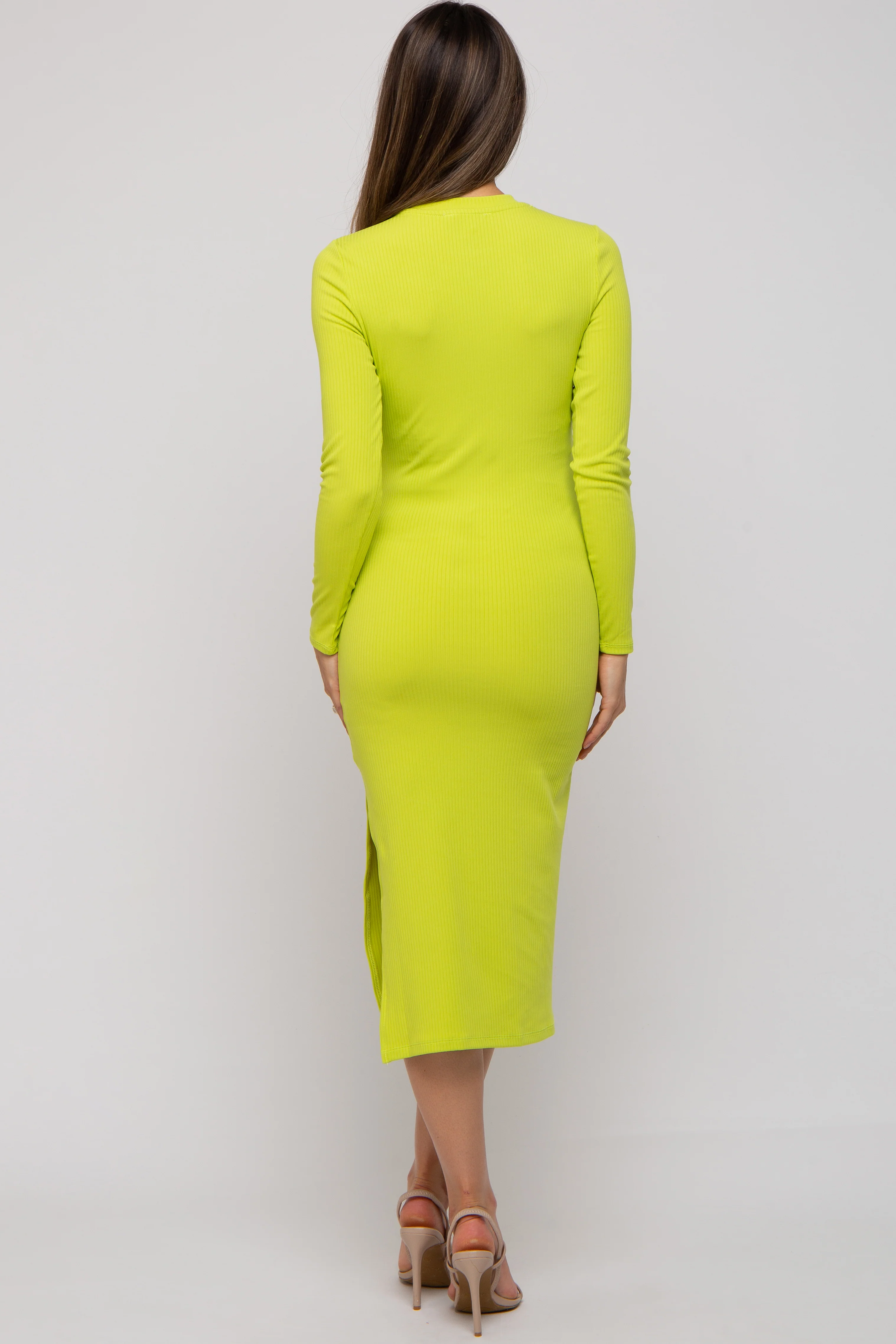 Lime Ribbed Mock Neck Long Sleeve Maternity Midi Dress - Image 3