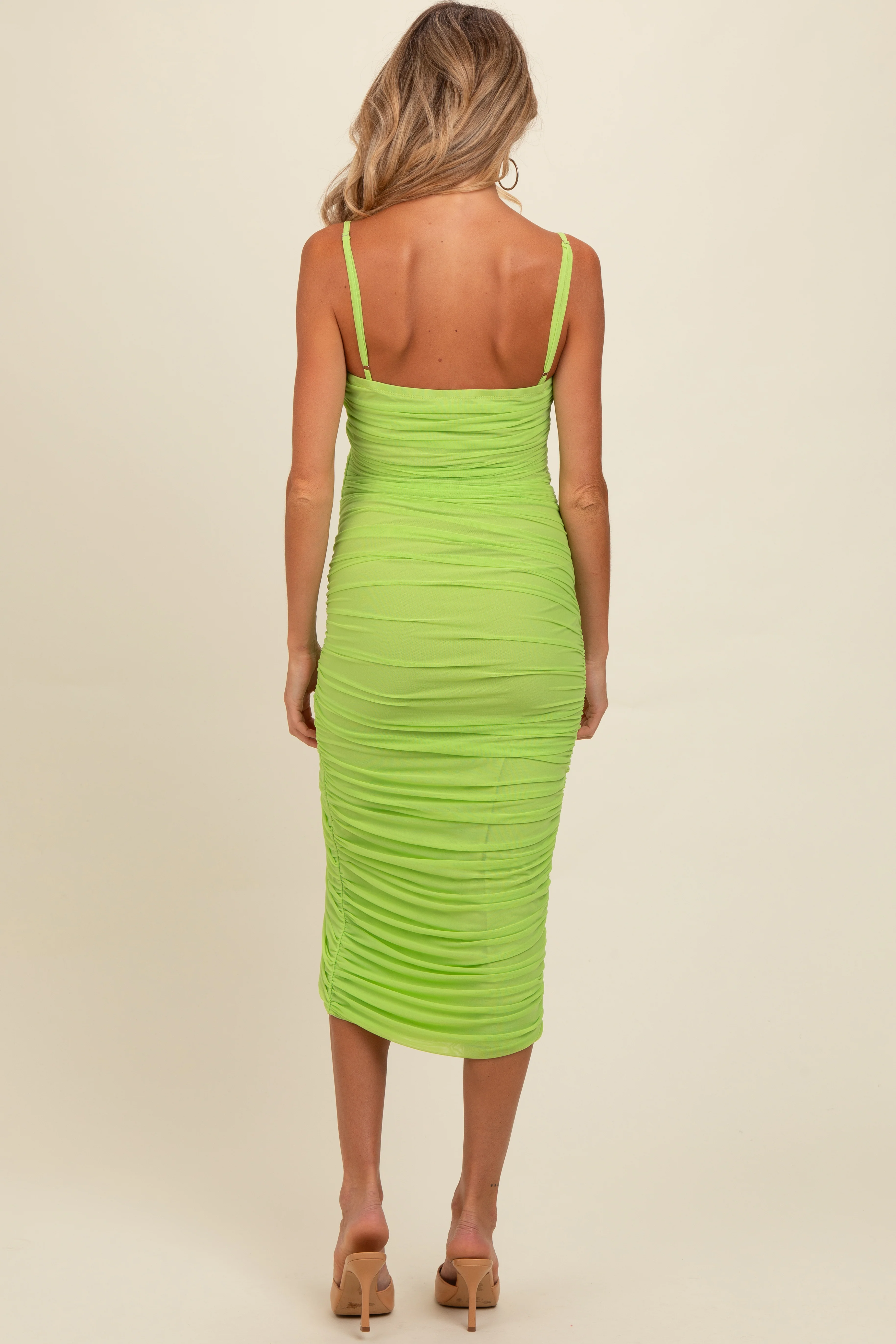 Lime Ruched Mesh Fitted Maternity Tulip Hem Dress - Image 2