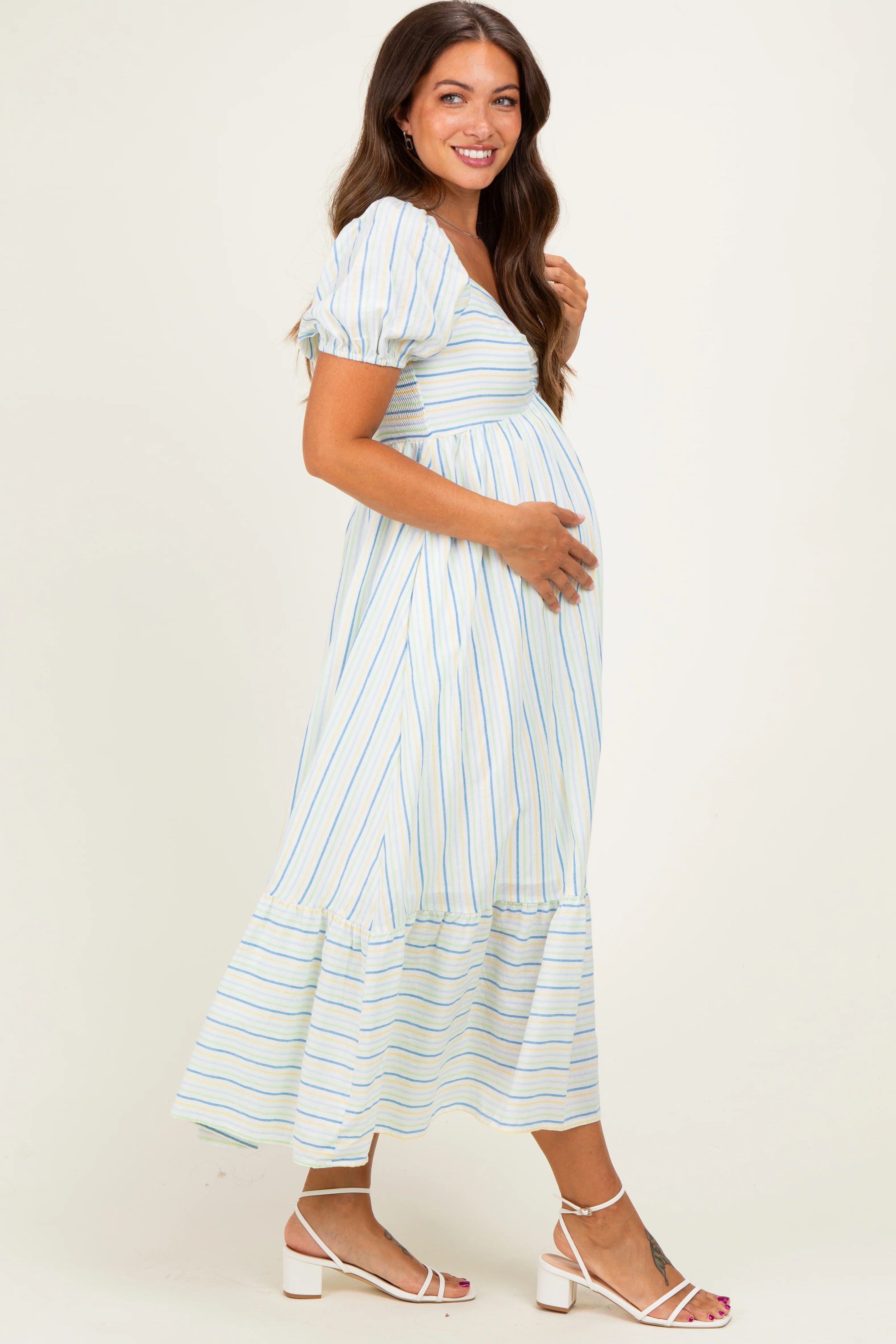 Lime Stripe Sweetheart Neckline Maternity Midi Dress - Image 3
