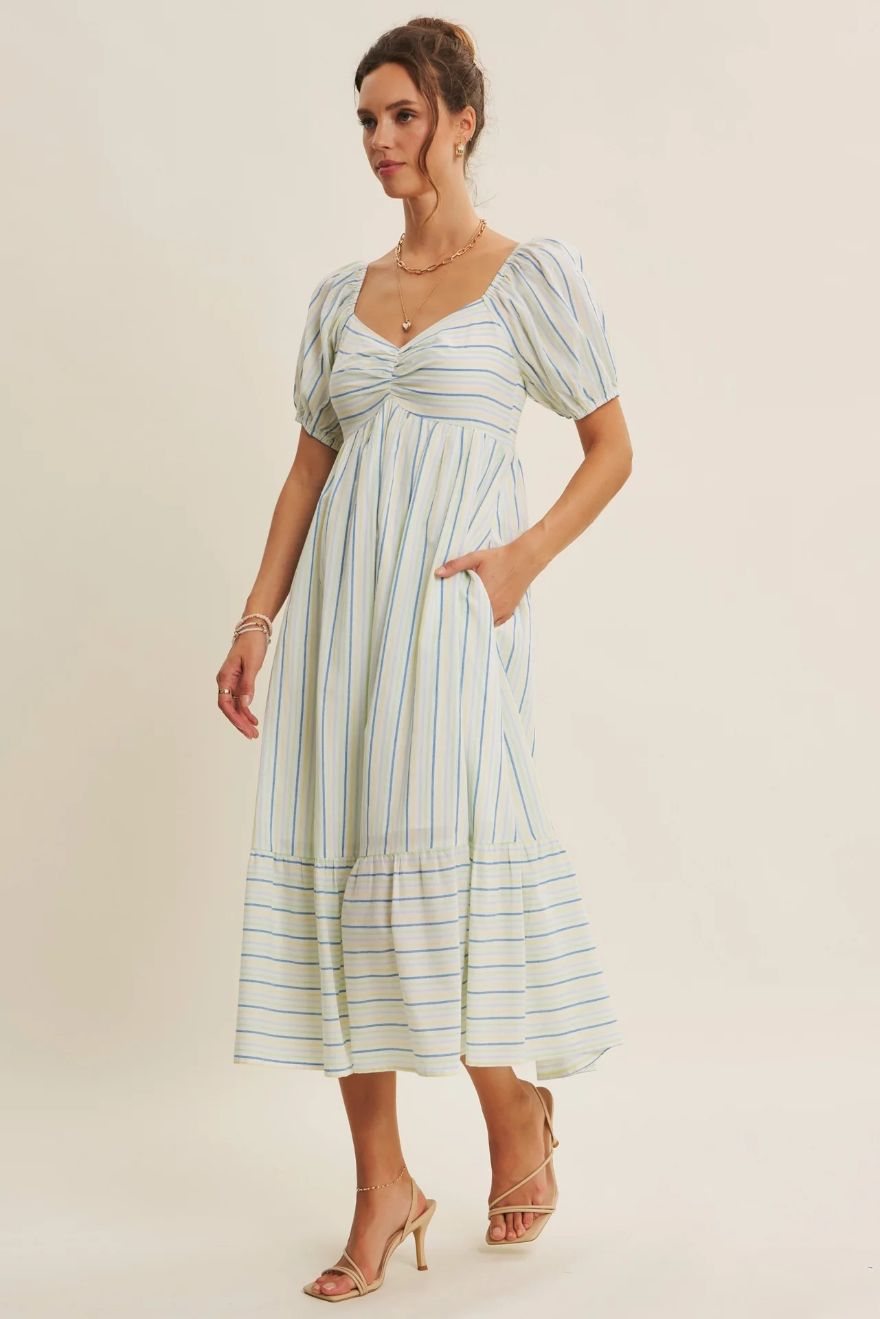 Lime Stripe Sweetheart Neckline Midi Dress - Image 3