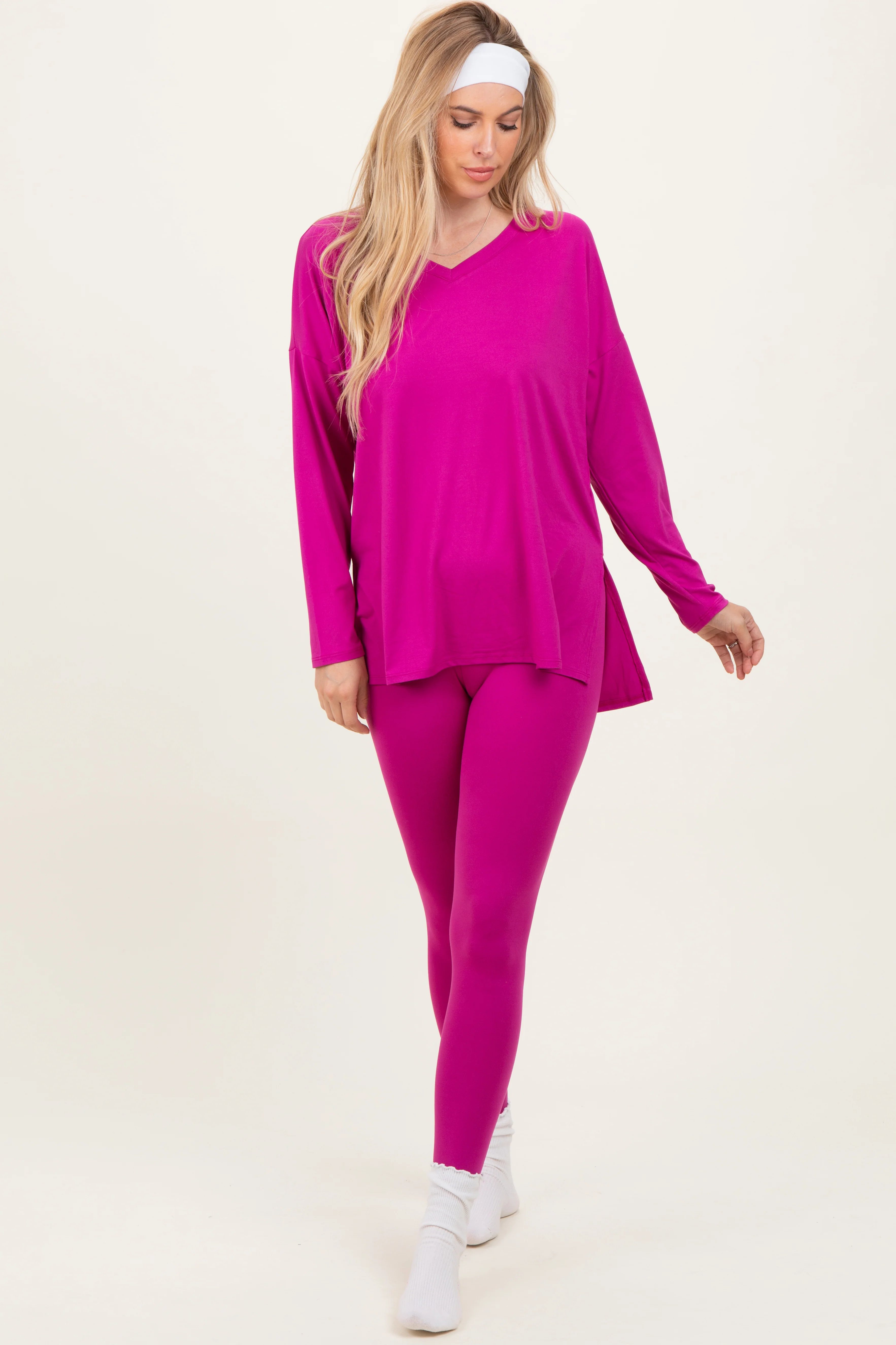 Magenta Brushed Knit Maternity Oversized Top and Legging Set - Image 5