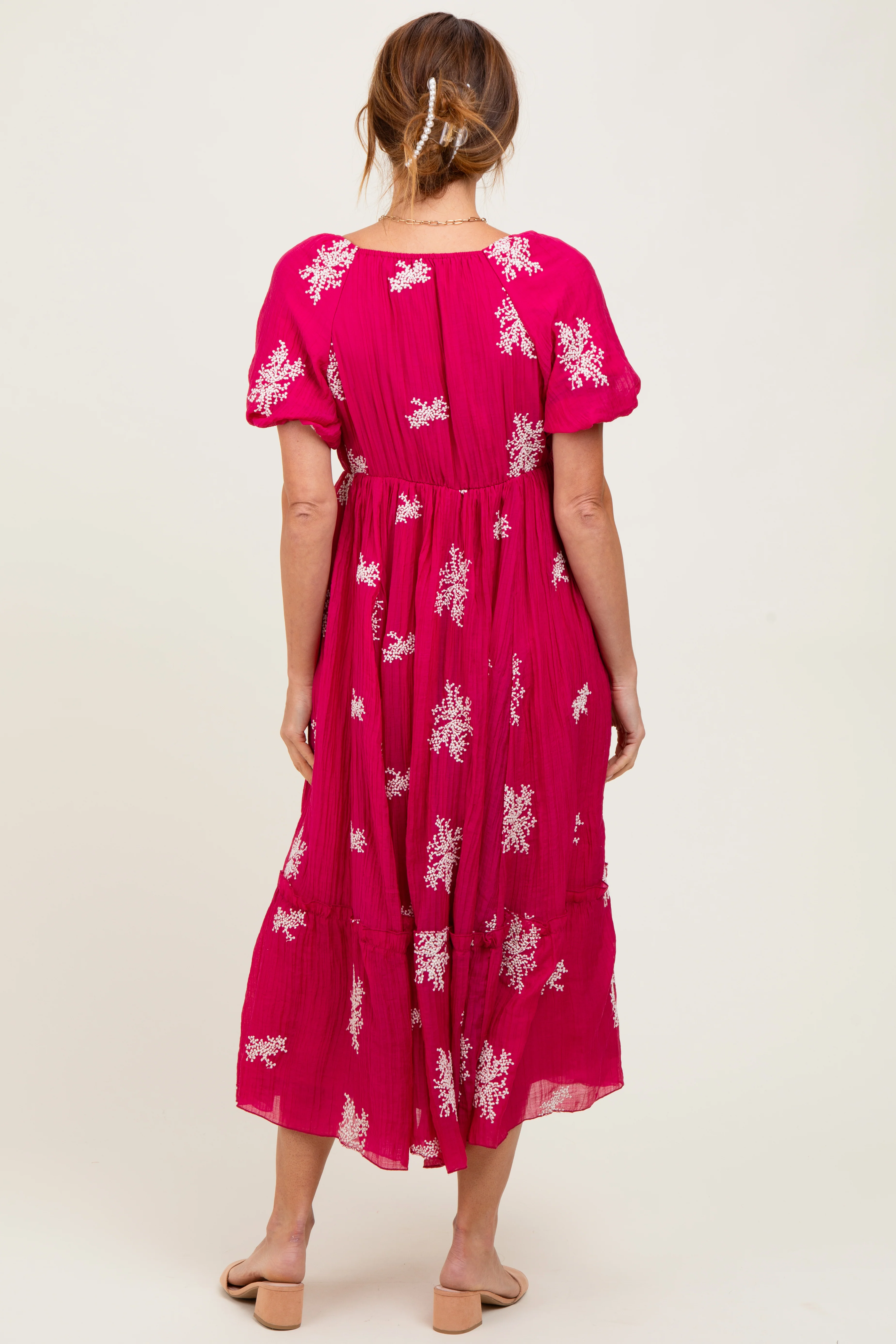 Magenta Floral Print Ruffle Hem Midi Dress - Image 4