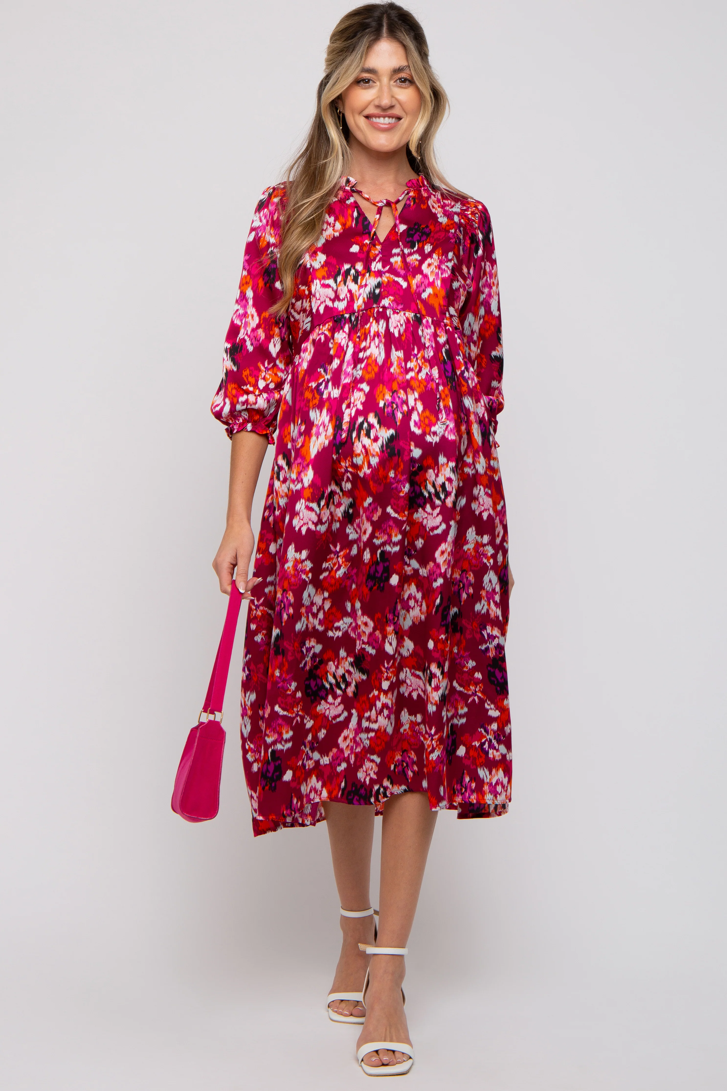 Magenta Floral Satin Ruffle Neck Maternity Midi Dress - Image 4