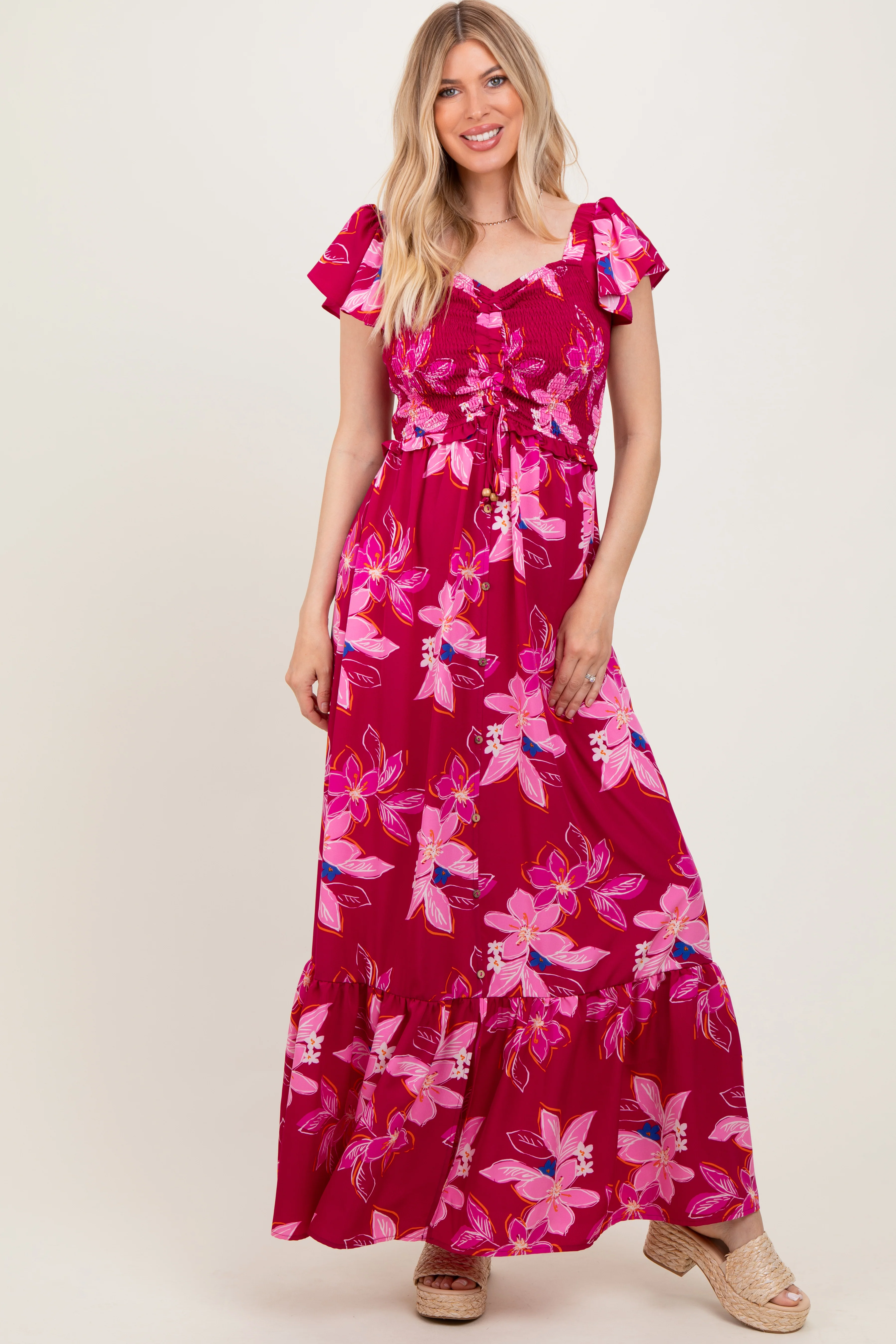 Magenta Floral Smocked Cinched Top Maternity Maxi Dress - Image 5