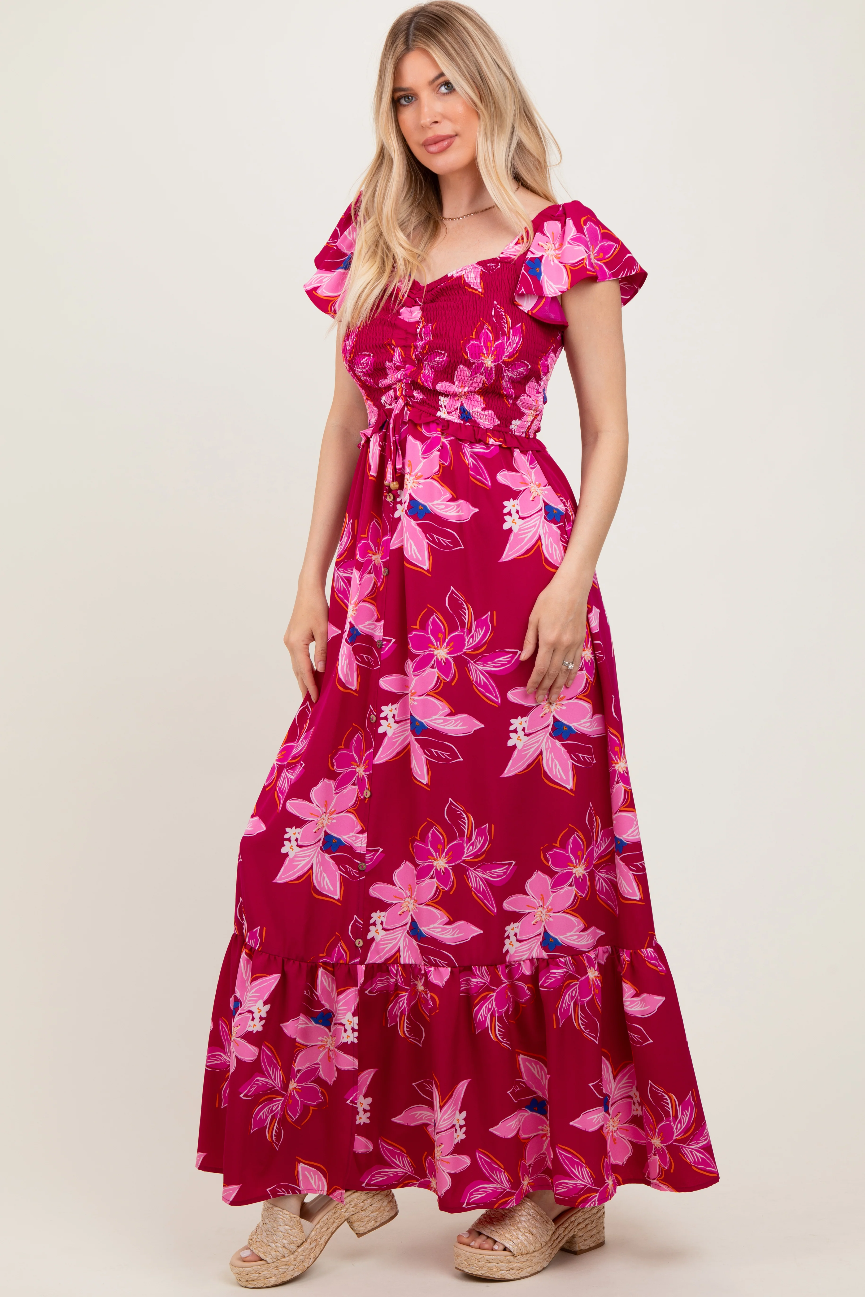 Magenta Floral Smocked Cinched Top Maxi Dress - Image 2
