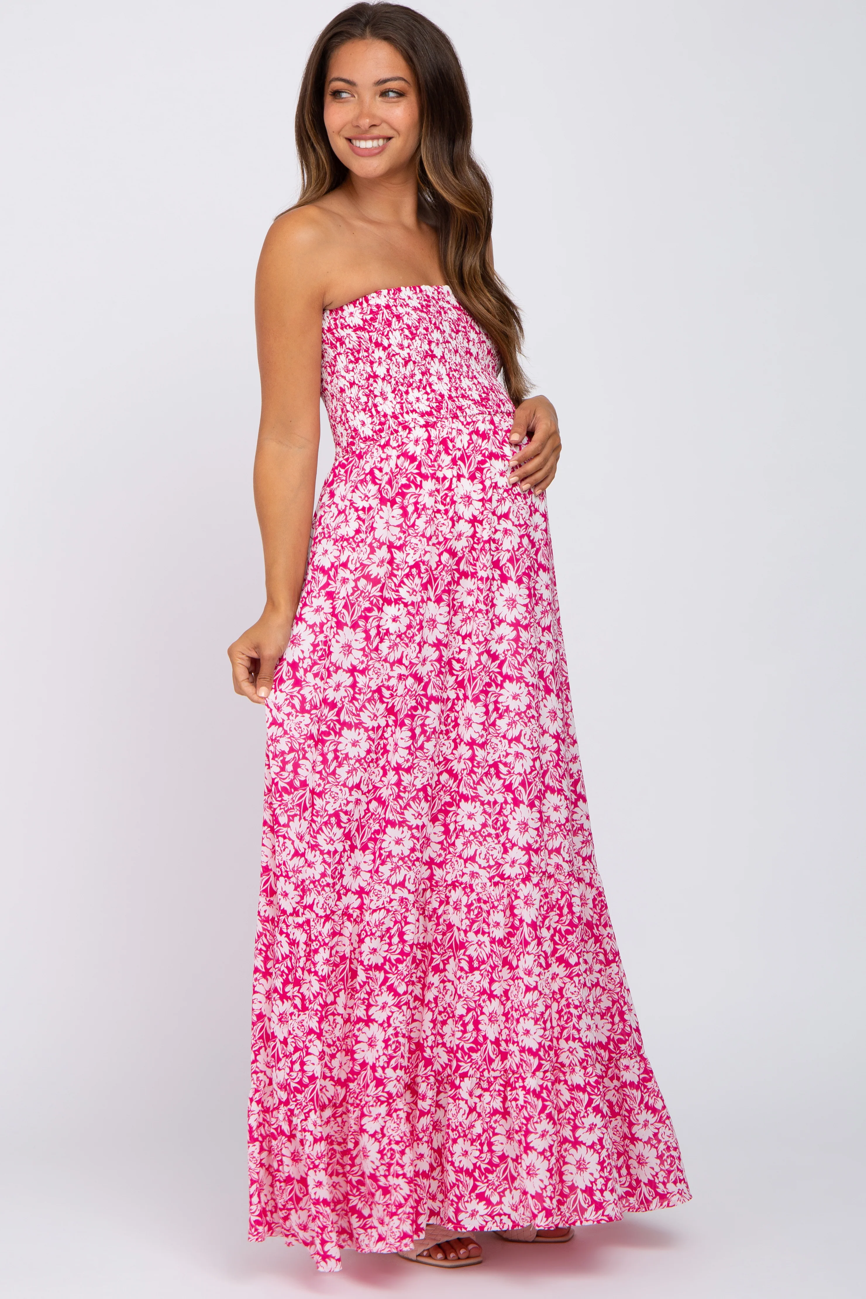 Magenta Floral Strapless Smocked Maternity Maxi Dress - Image 2