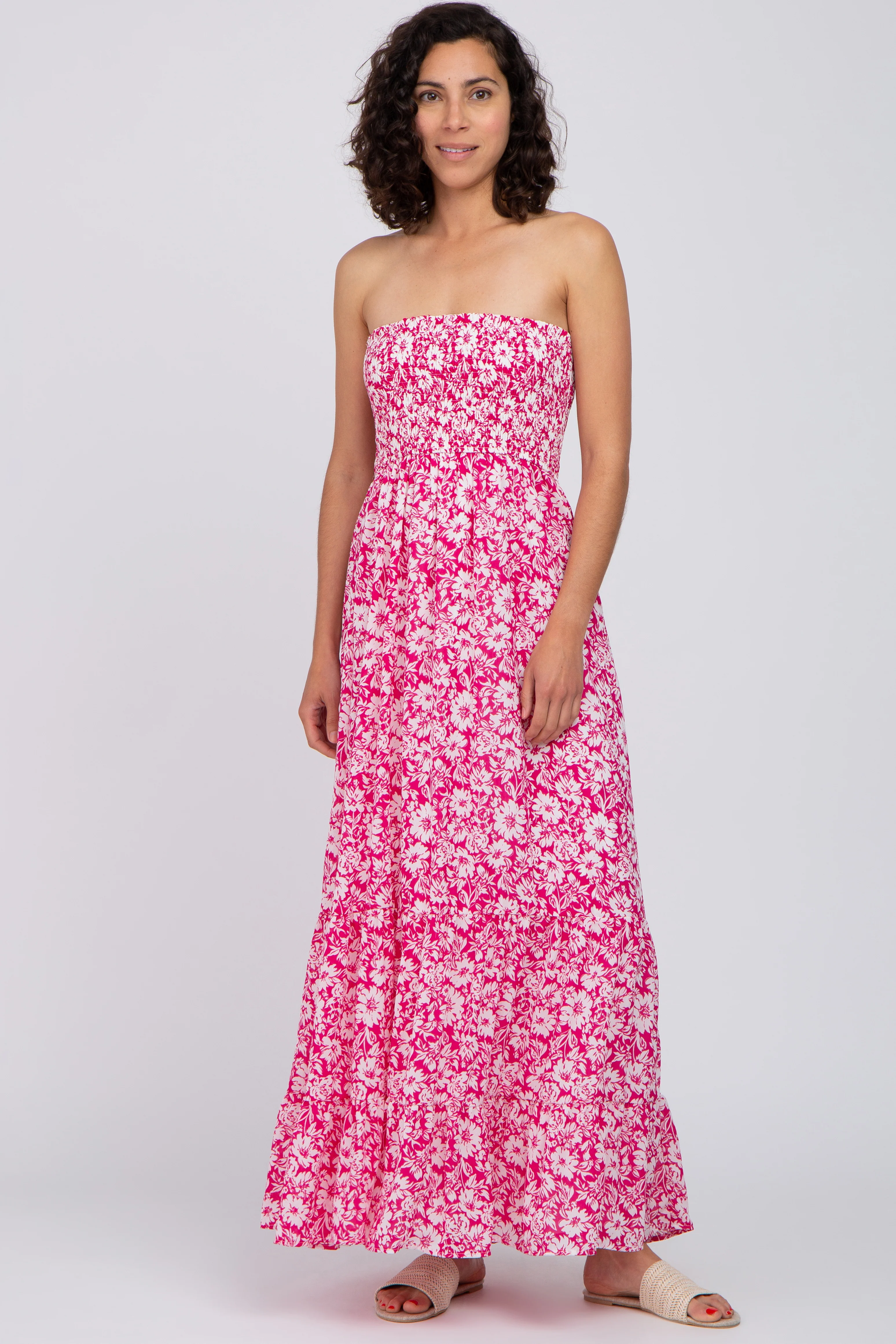 Magenta Floral Strapless Smocked Maternity Maxi Dress - Image 4