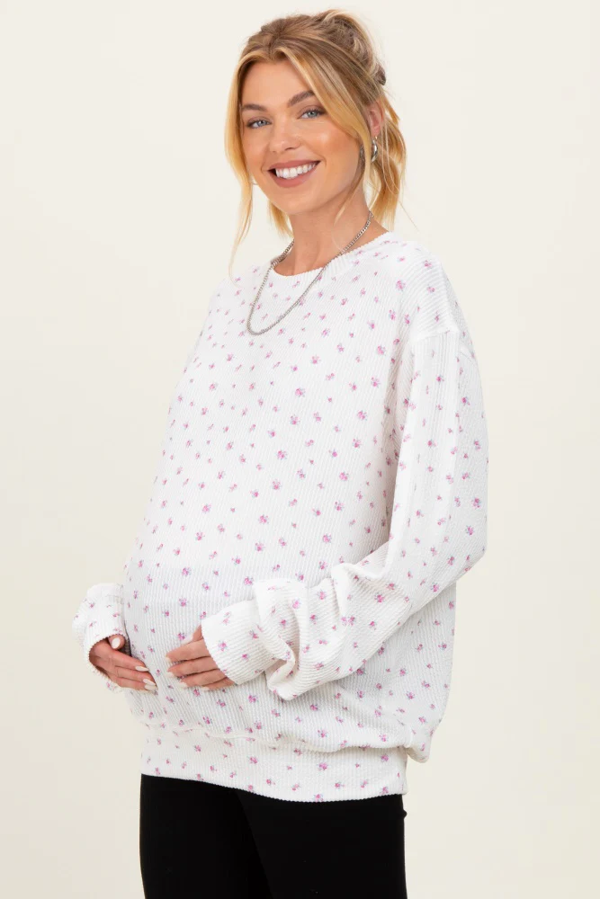Magenta Floral Waffle Knit Oversized Maternity Long Sleeve Top - Image 3